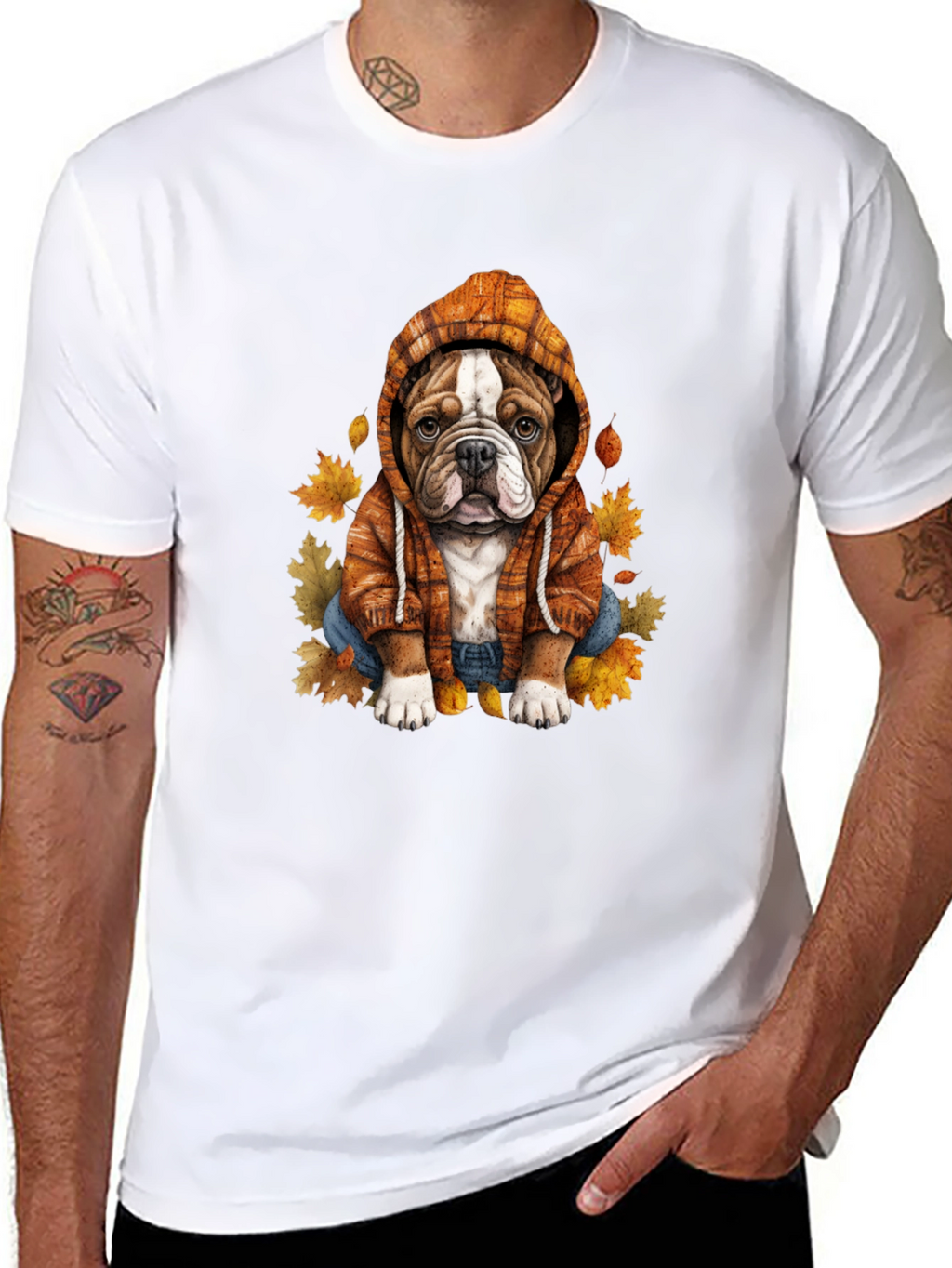 Bulldog Hoodie T-Shirt Autumn Leaves Cute Dog Tee