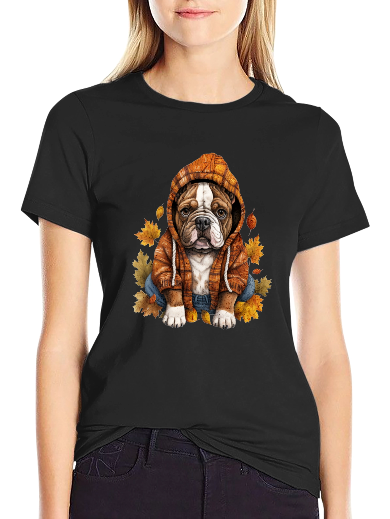 Bulldog Hoodie T-Shirt Autumn Leaves Cute Dog Tee