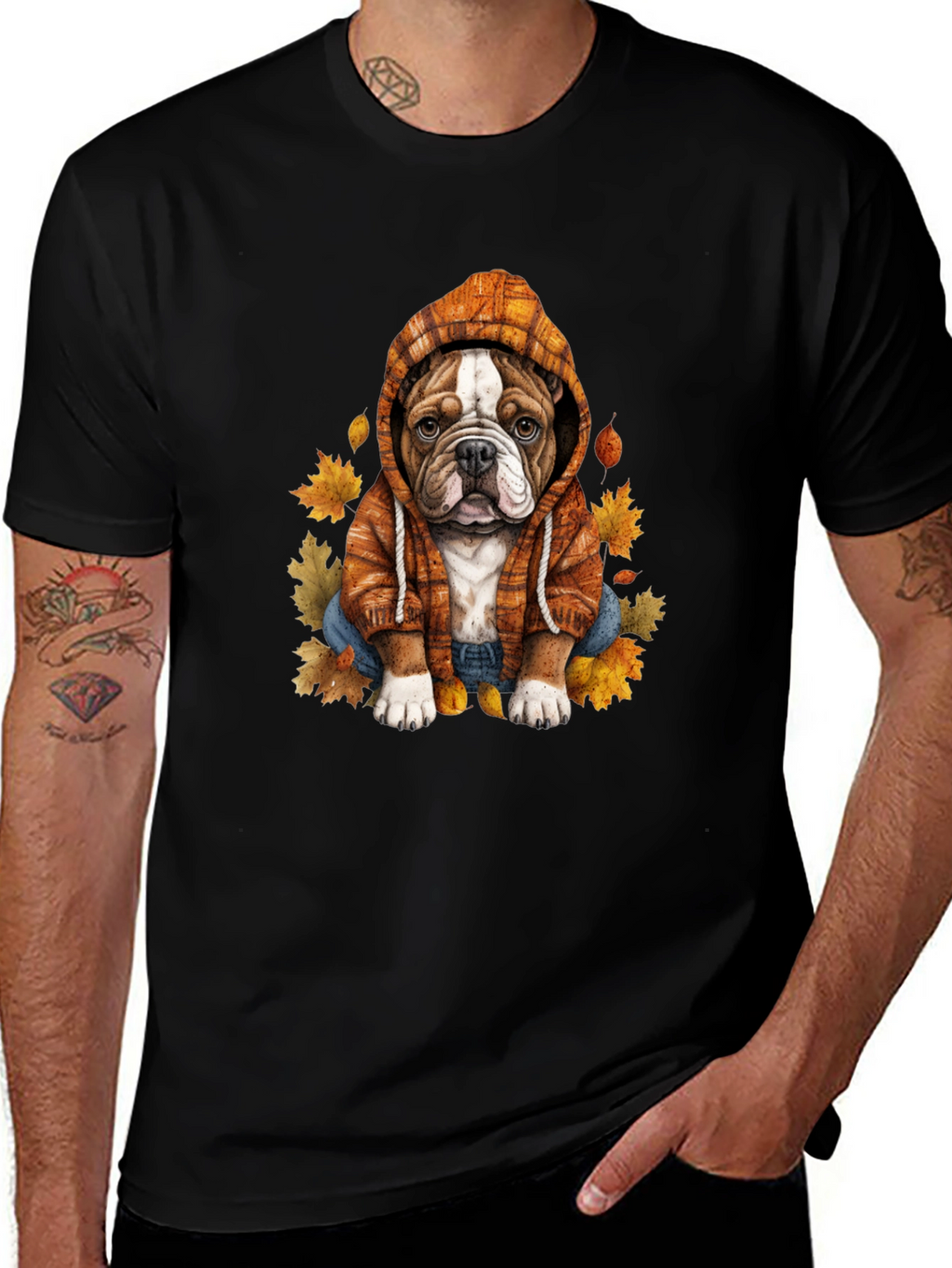 Bulldog Hoodie T-Shirt Autumn Leaves Cute Dog Tee