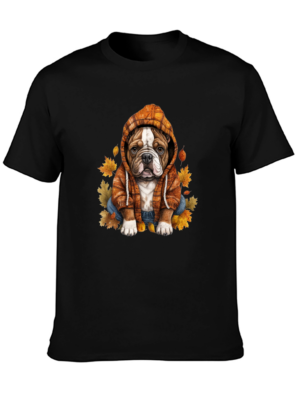 Bulldog Hoodie T-Shirt Autumn Leaves Cute Dog Tee