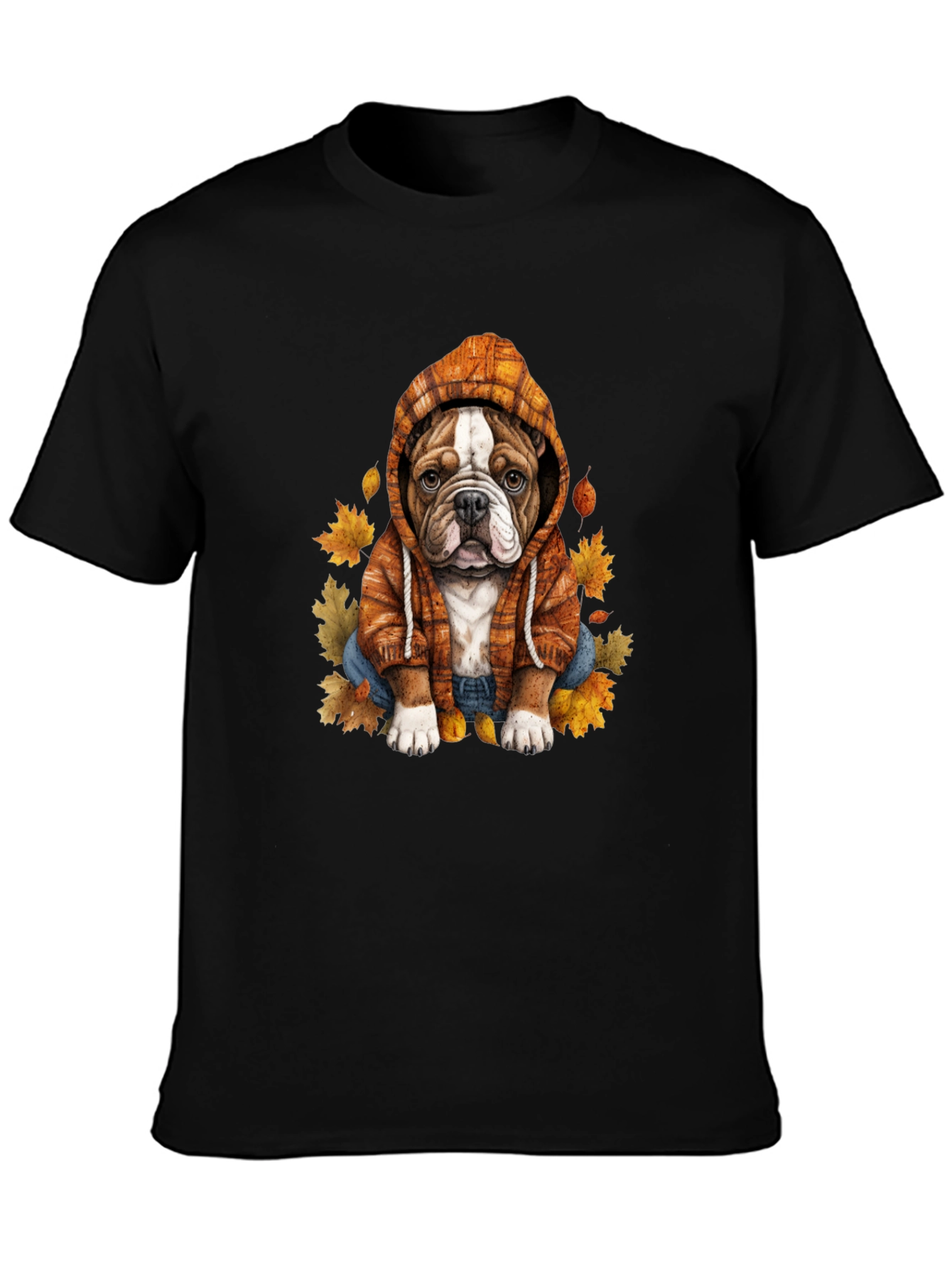 Bulldog Hoodie T-Shirt Autumn Leaves Cute Dog Tee