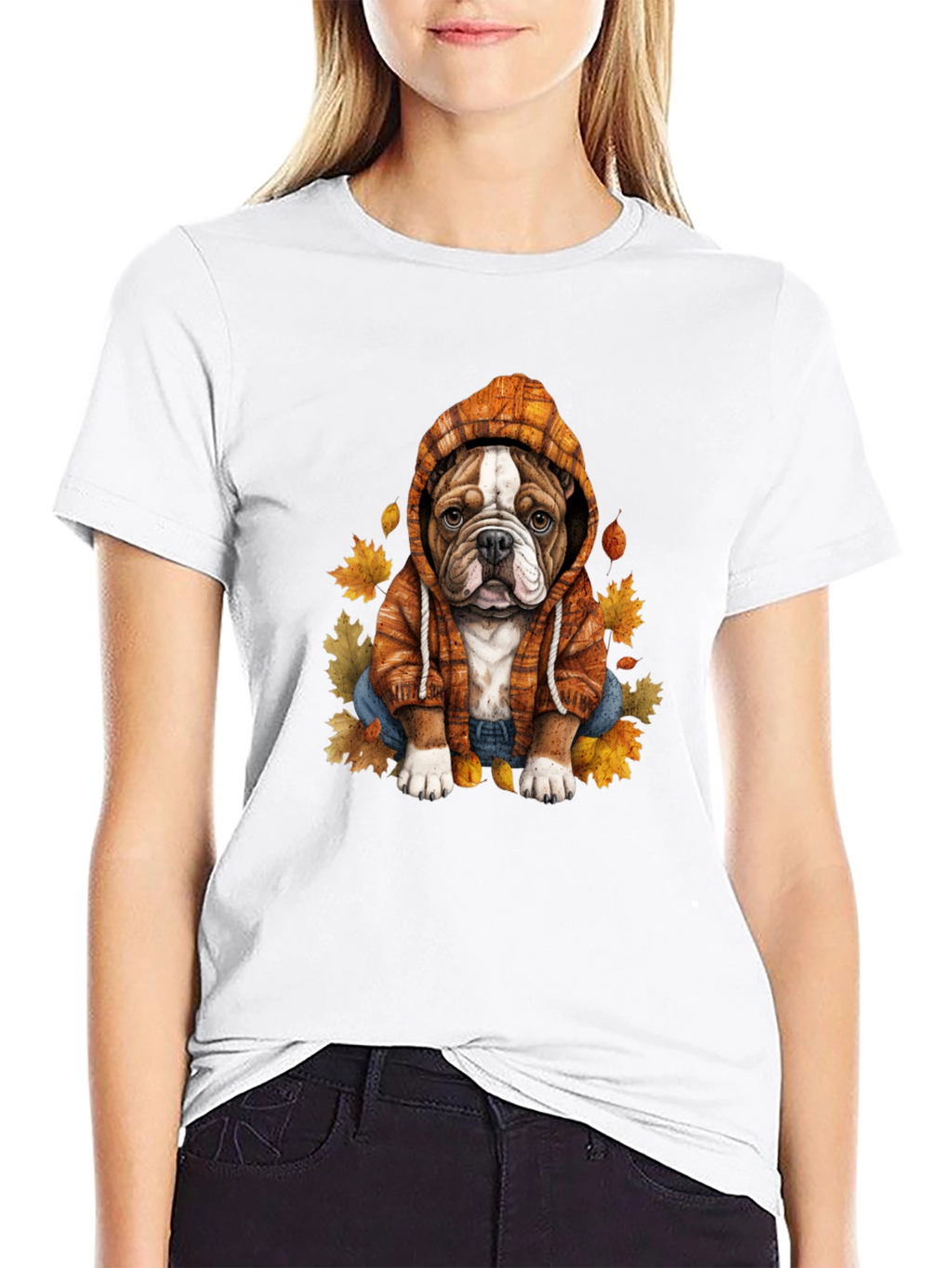 Bulldog Hoodie T-Shirt Autumn Leaves Cute Dog Tee