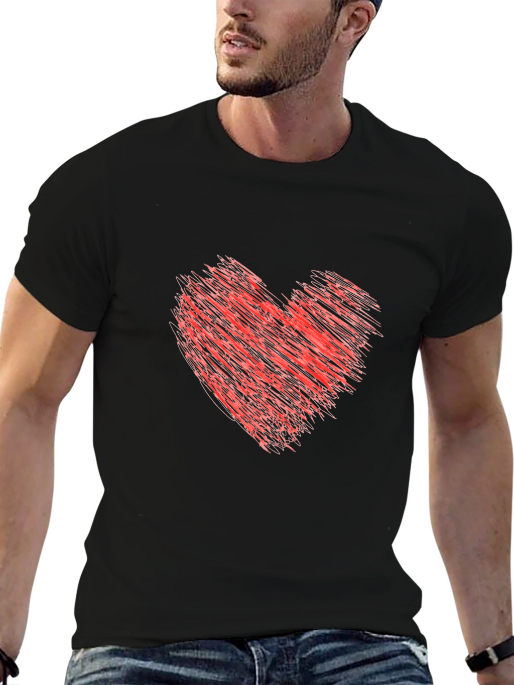 Mens Black T-Shirt with Red Heart Design