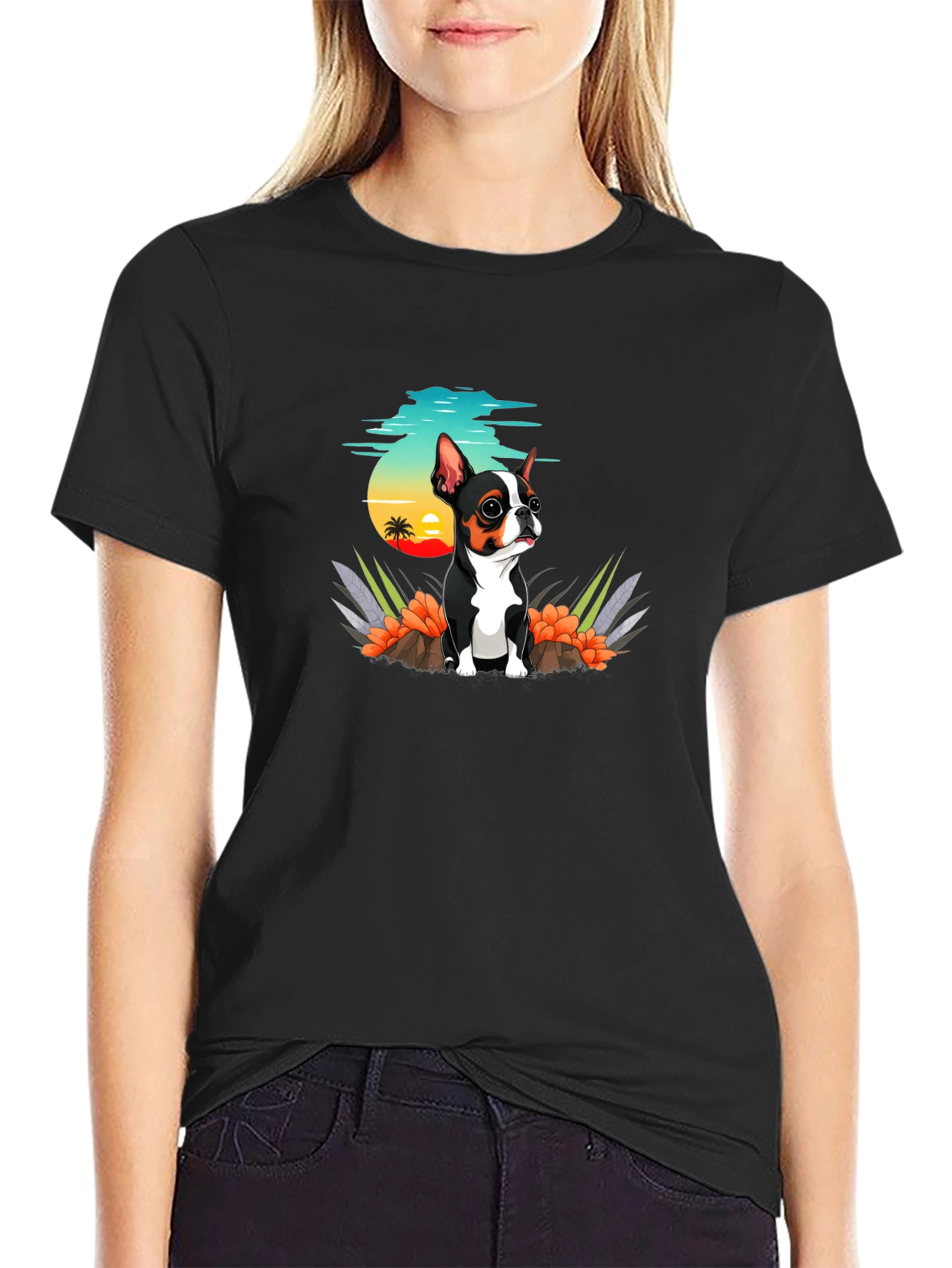 Cute Dog Graphic Tee - Black Cotton T-Shirt