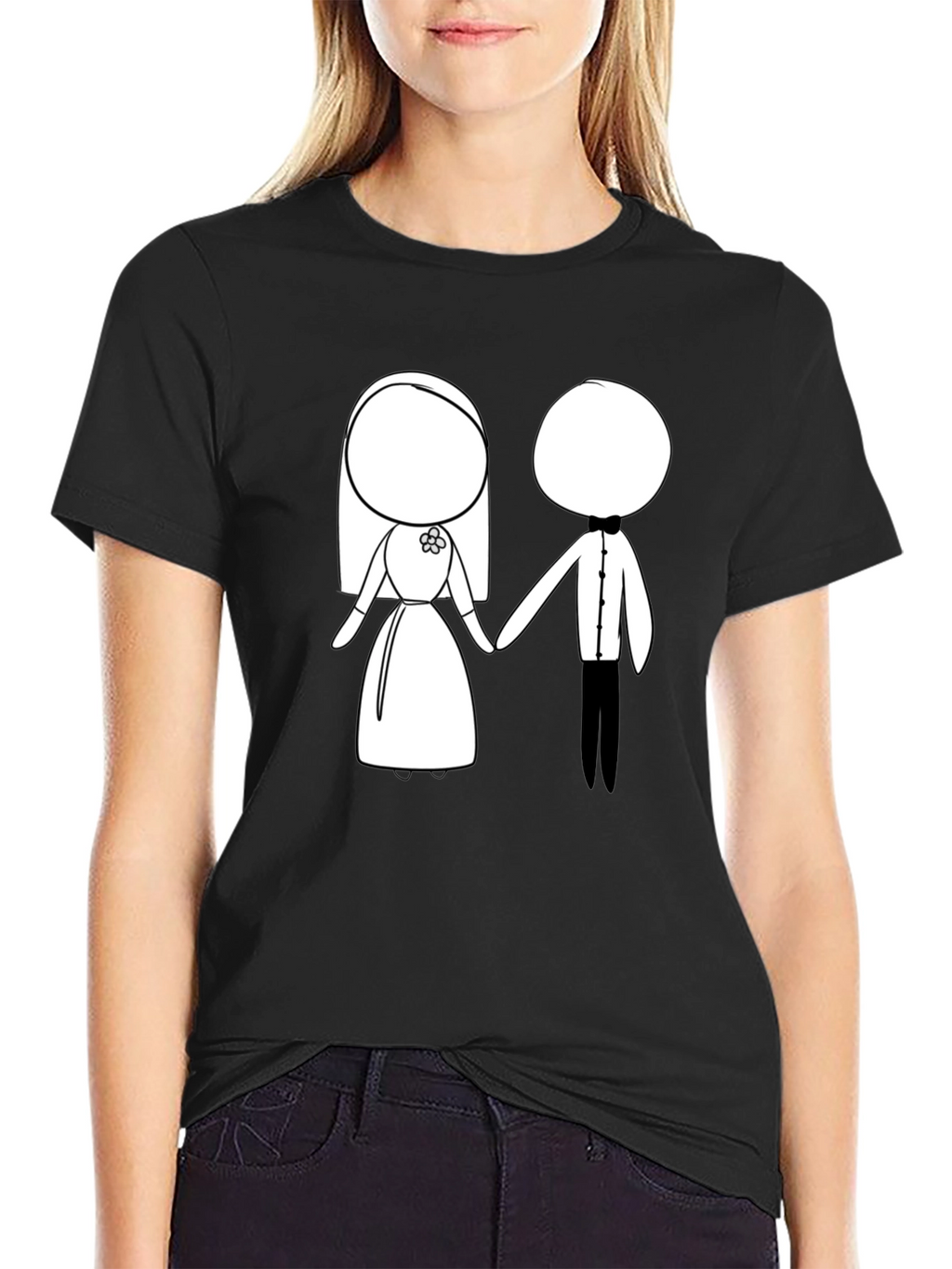 Cartoon Bride & Groom Black T-Shirt