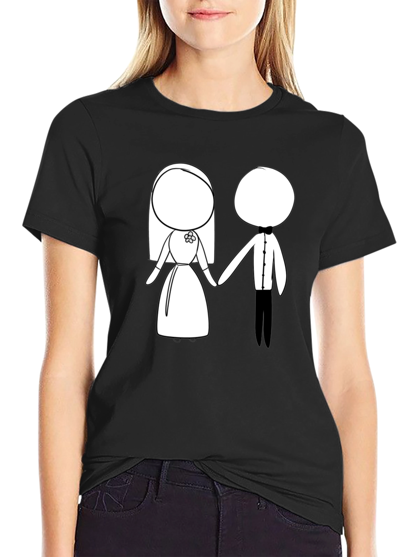 Cartoon Bride & Groom Black T-Shirt