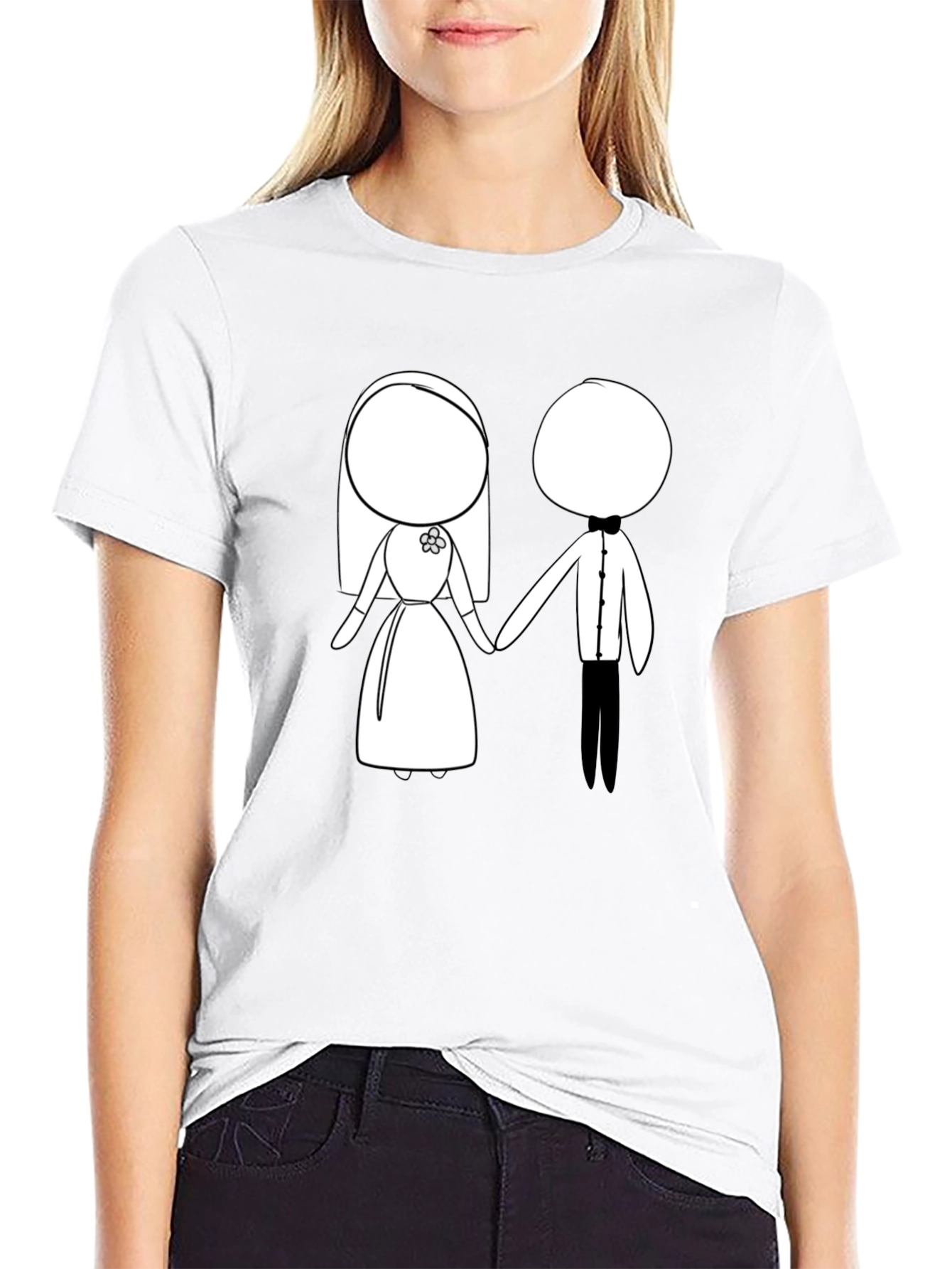 Cartoon Bride & Groom Black T-Shirt