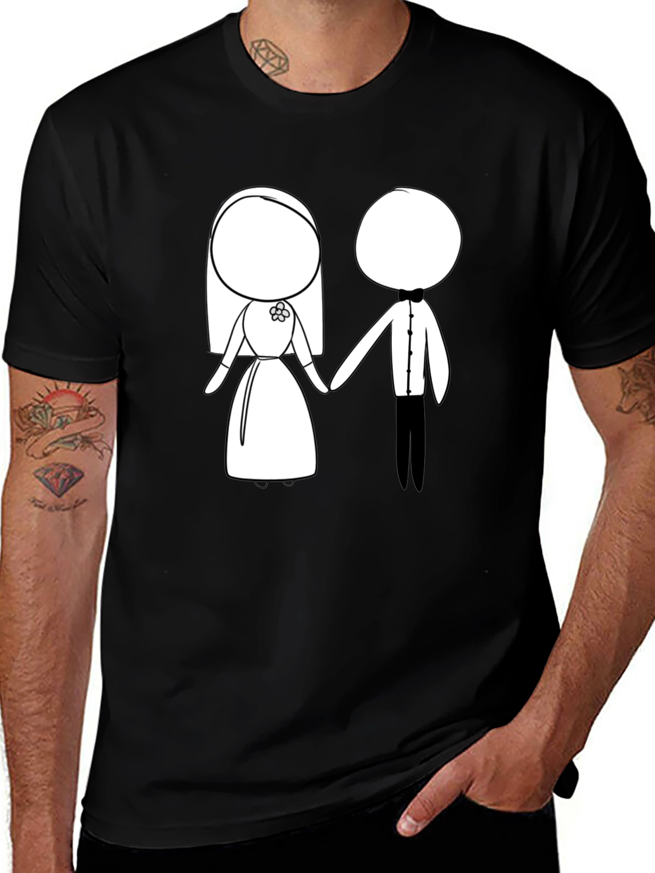 Cartoon Bride & Groom Black T-Shirt