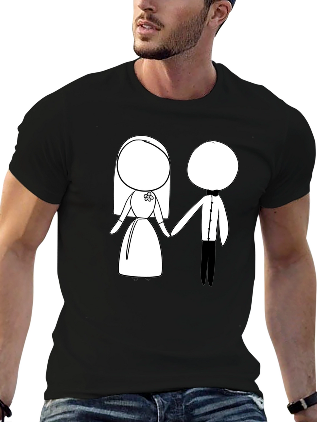 Cartoon Bride & Groom Black T-Shirt