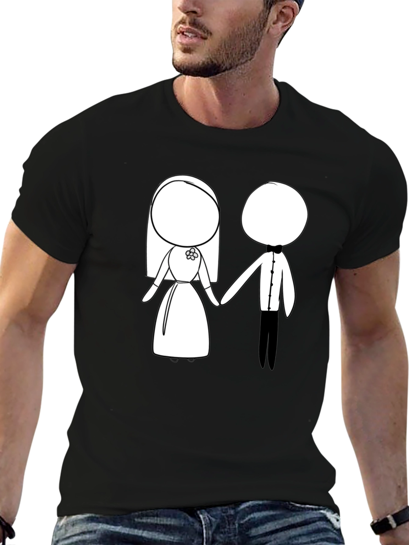 Cartoon Bride & Groom Black T-Shirt