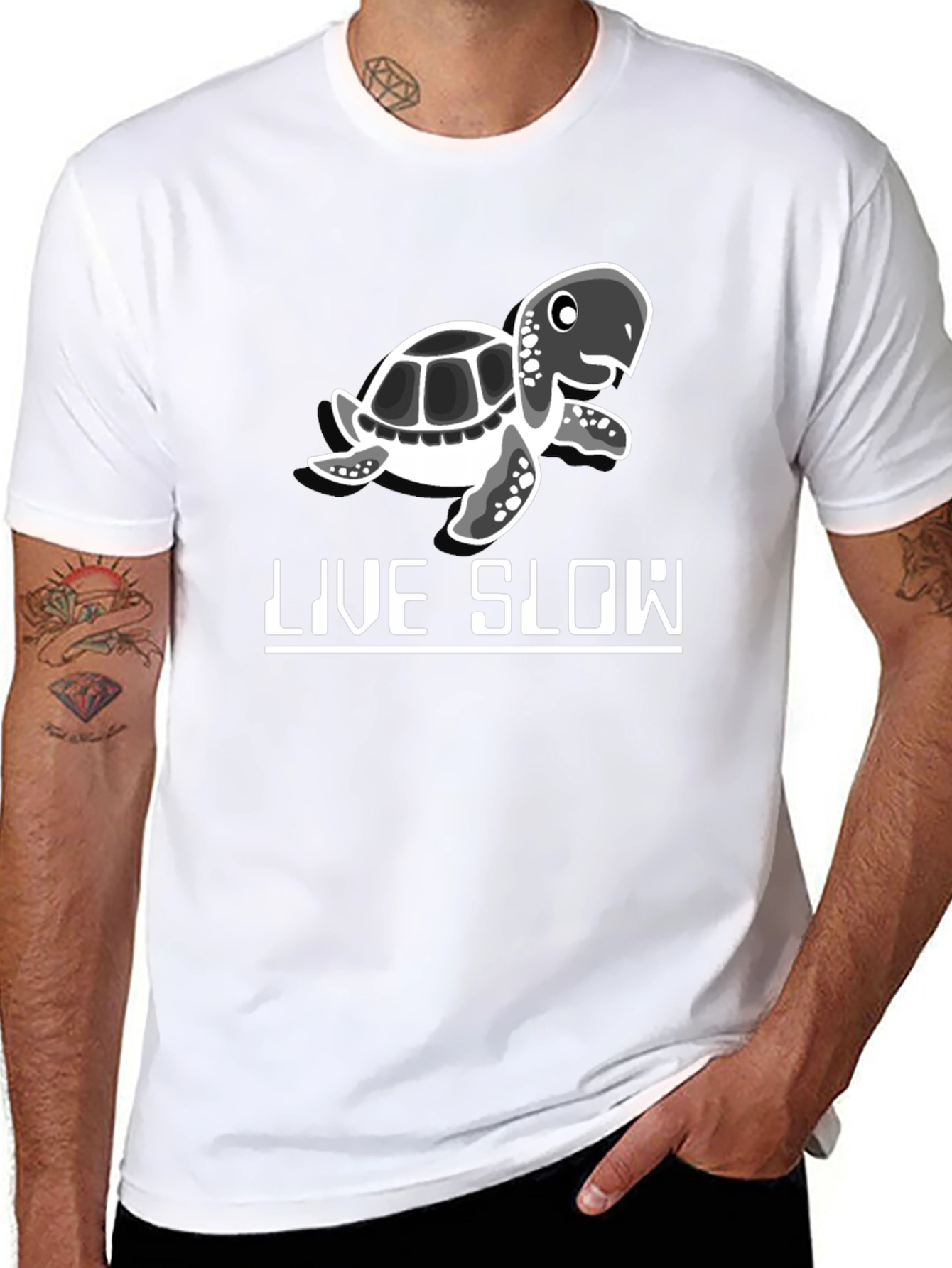 Live Slow Turtle Graphic Tee - Black Cotton Shirt