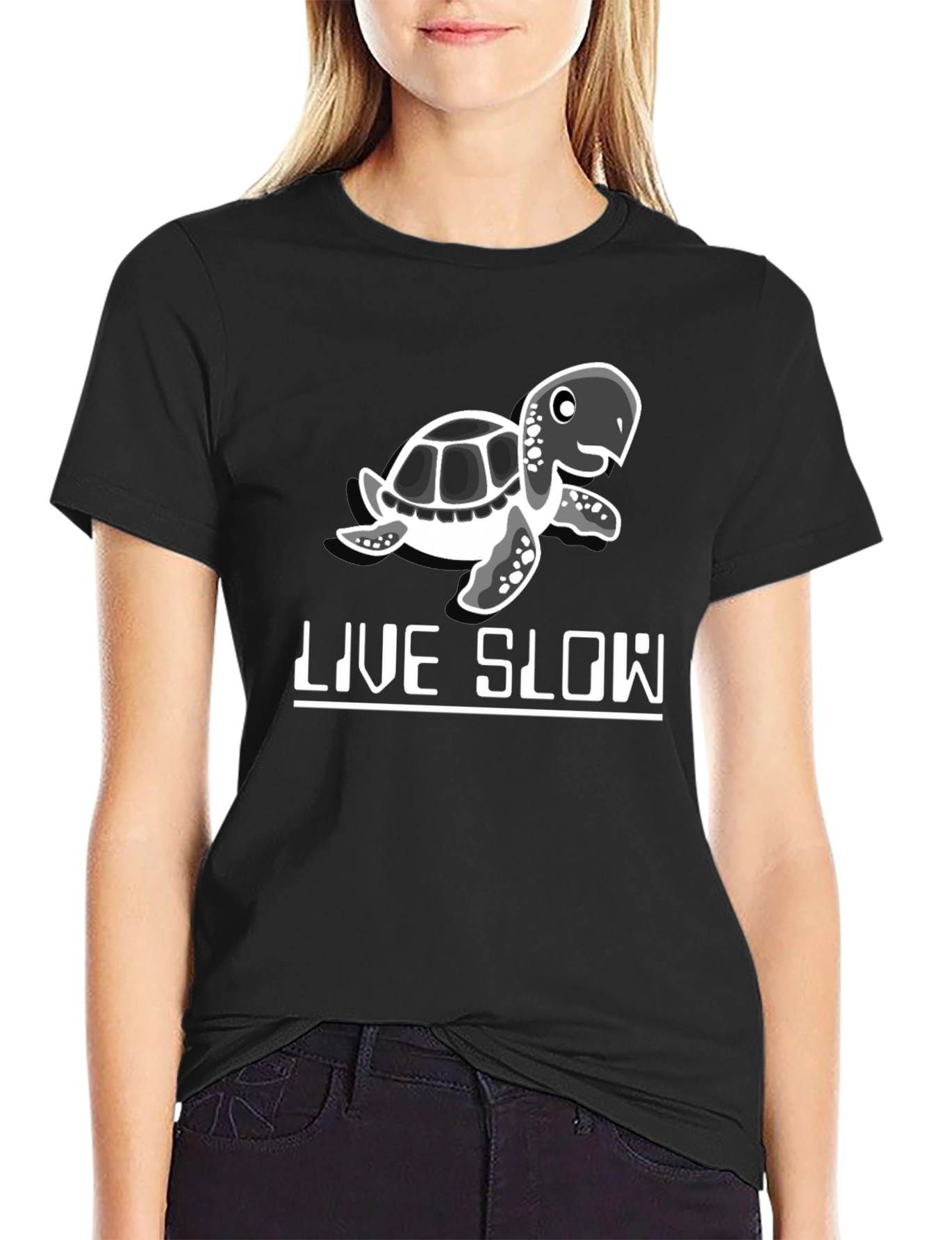 Live Slow Turtle Graphic Tee - Black Cotton Shirt
