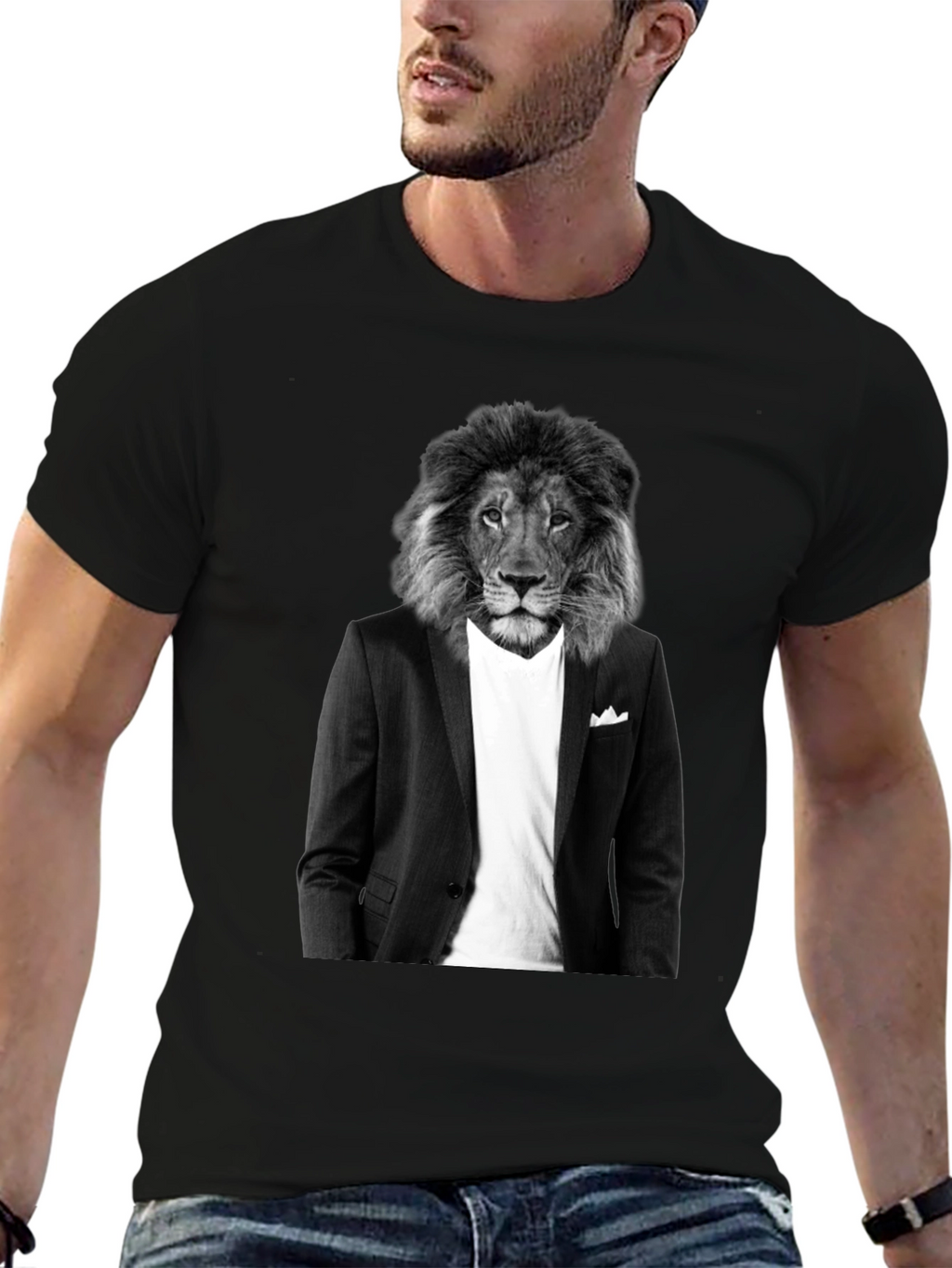 Lion Suit T-Shirt - Black Crew Neck Graphic Tee