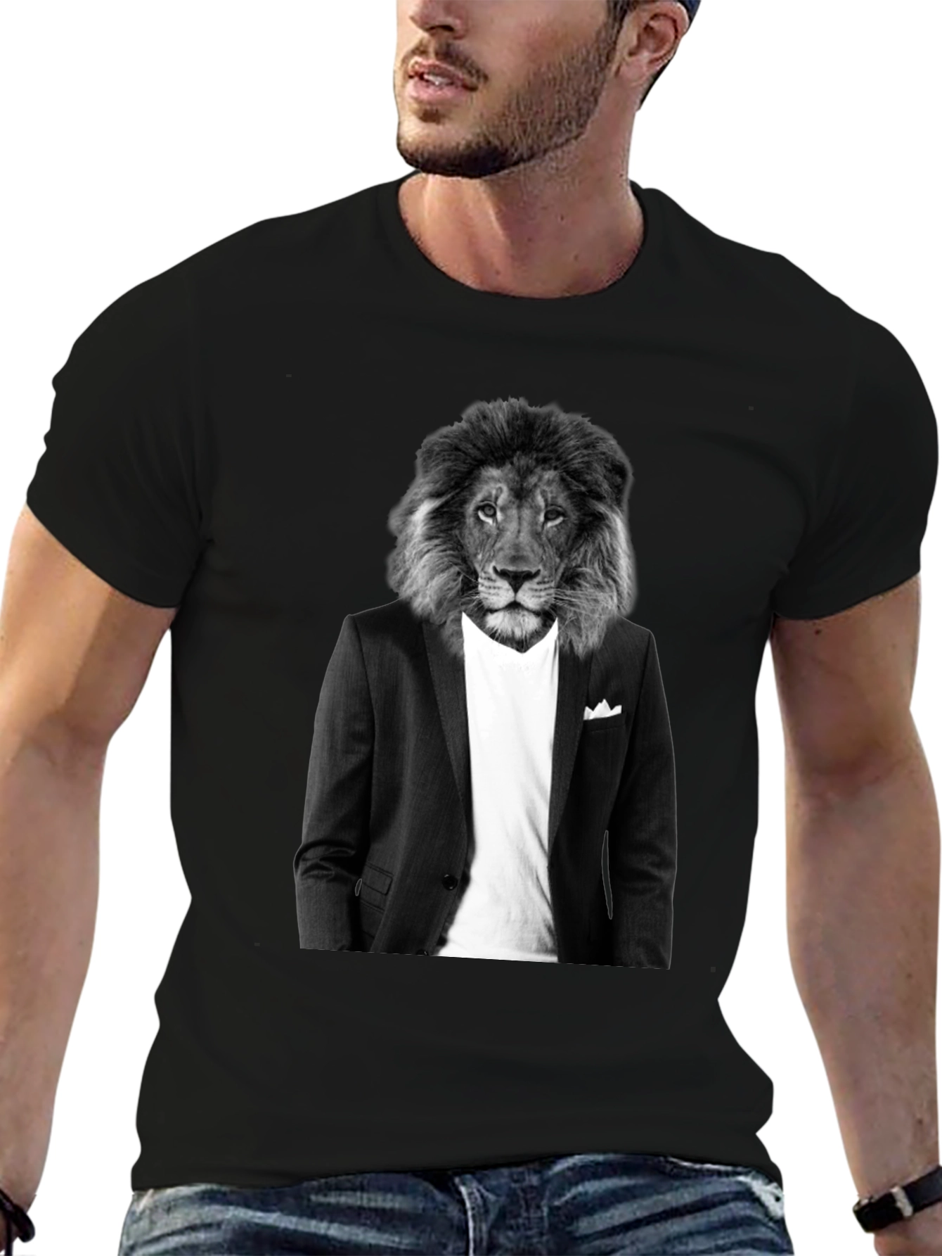 Lion Suit T-Shirt - Black Crew Neck Graphic Tee