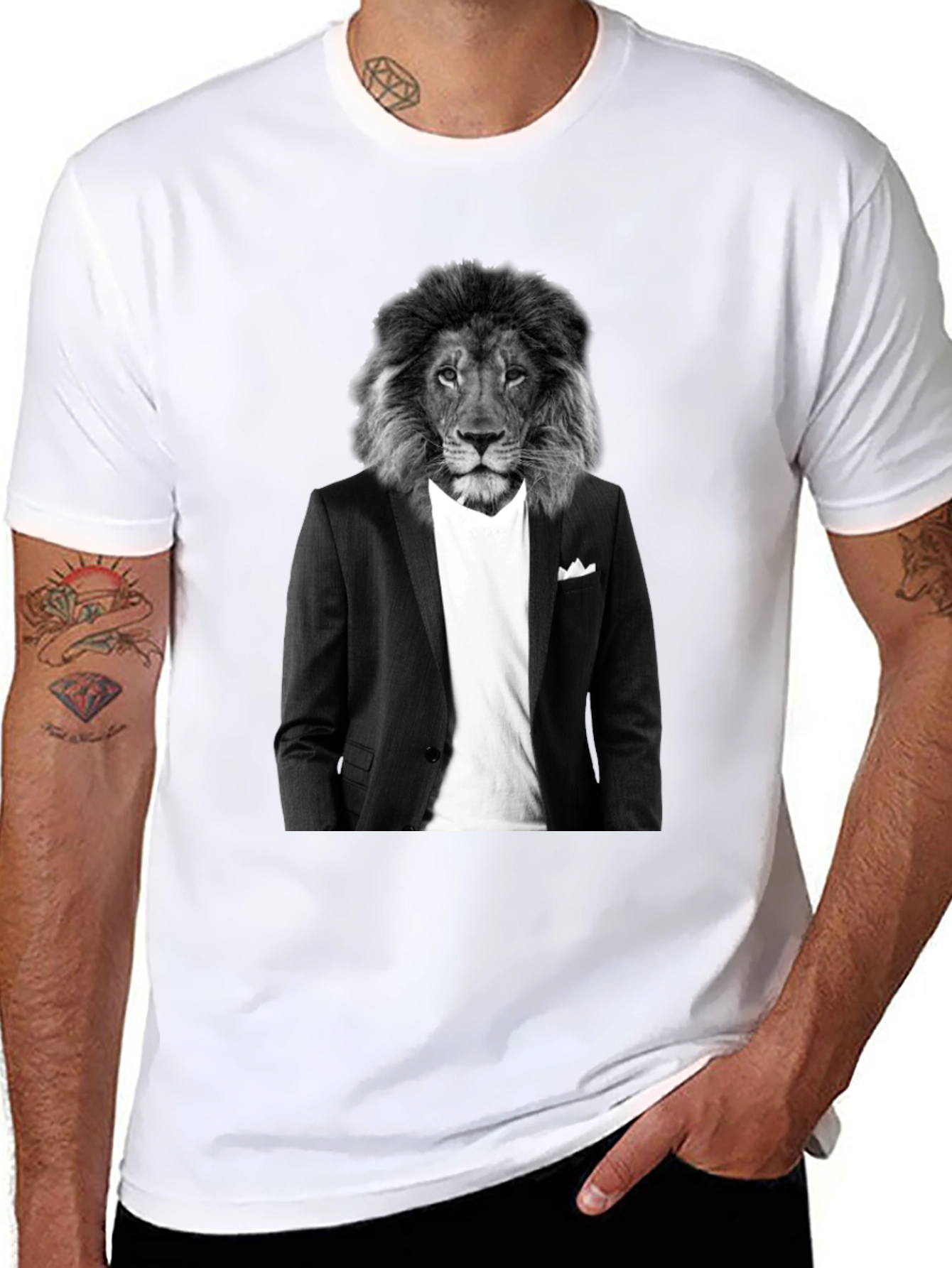 Lion Suit T-Shirt - Black Crew Neck Graphic Tee