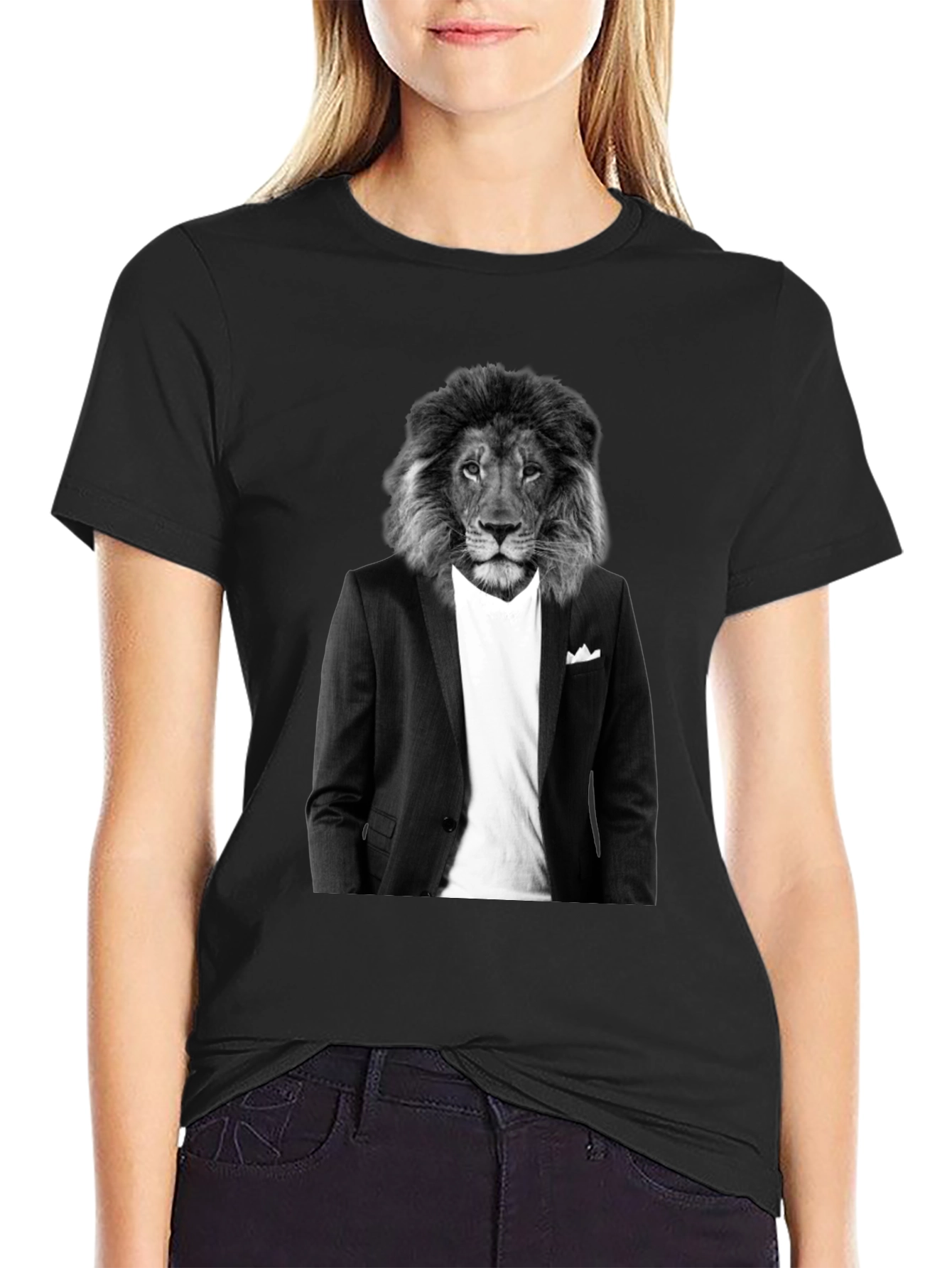 Lion Suit T-Shirt - Black Crew Neck Graphic Tee
