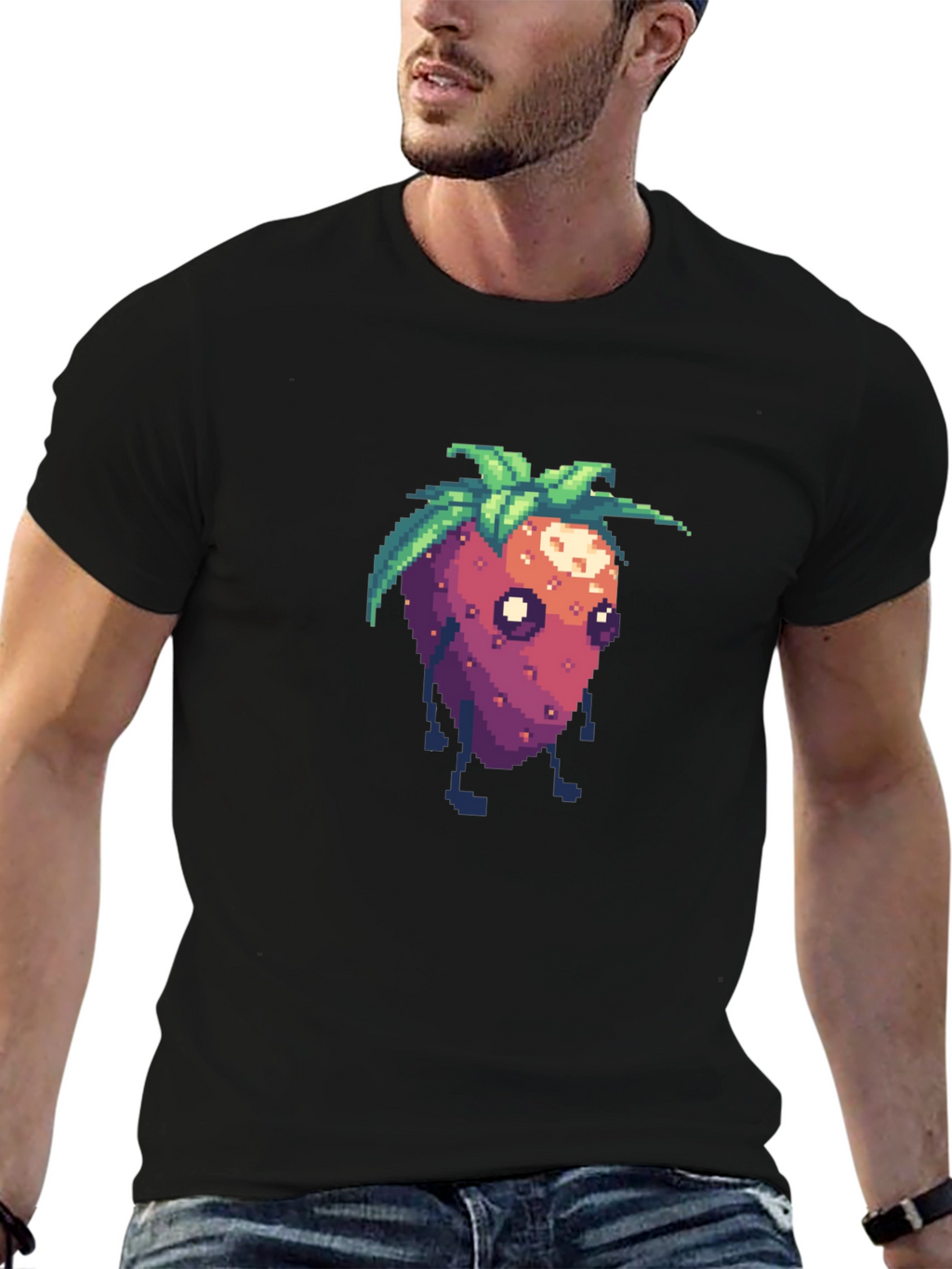 Pixel Strawberry Character Black T-Shirt