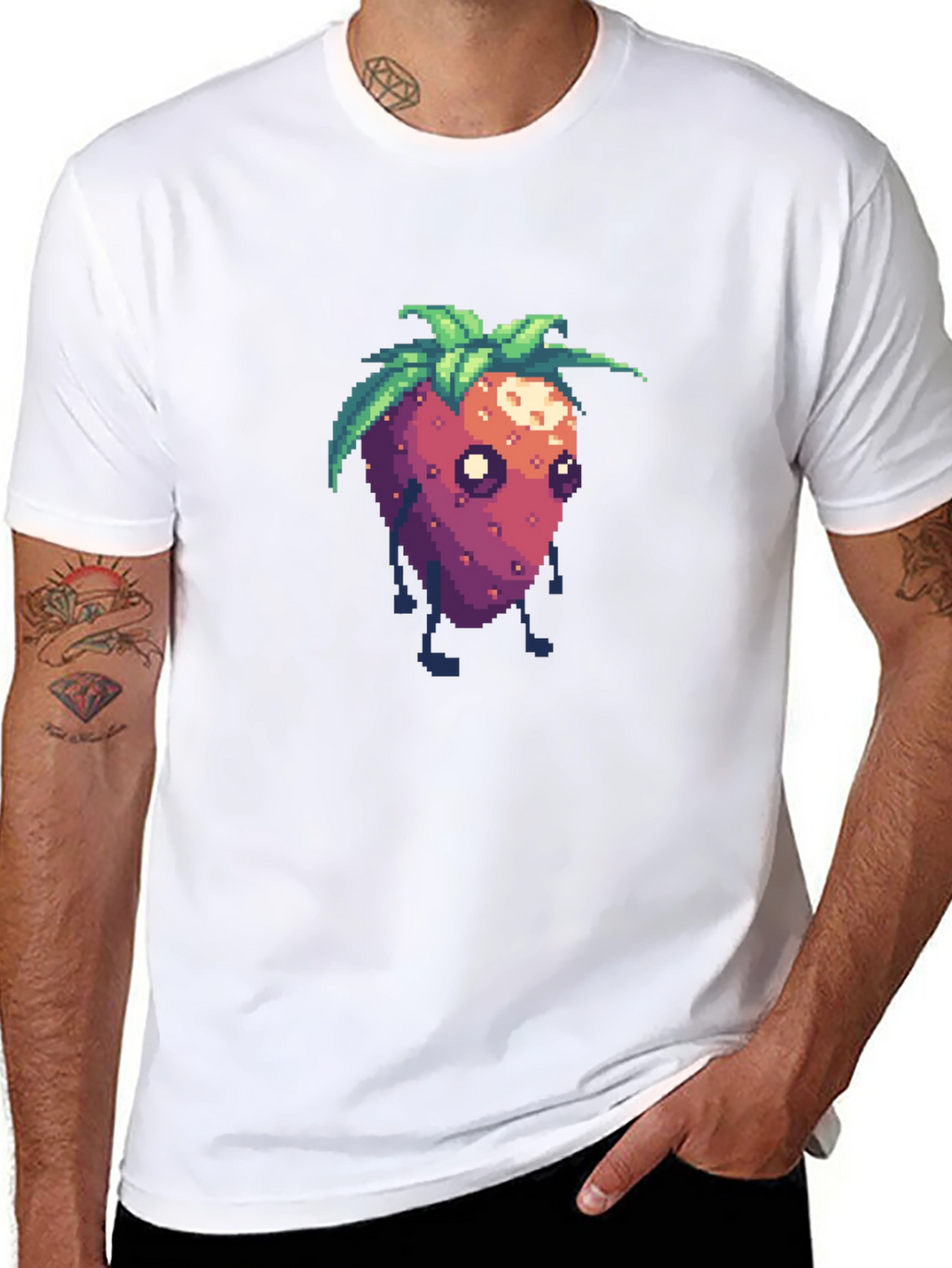 Pixel Strawberry Character Black T-Shirt