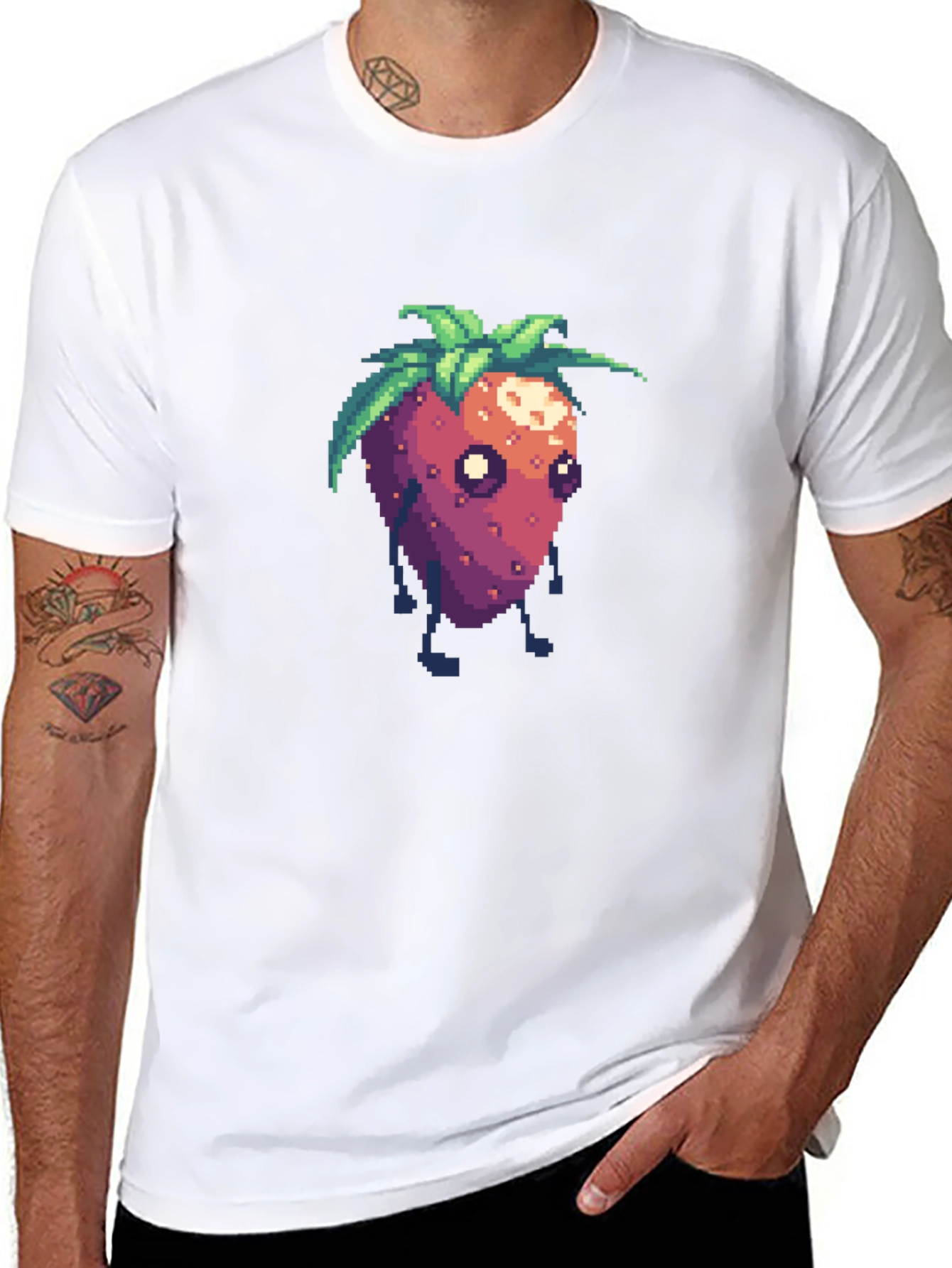Pixel Strawberry Character Black T-Shirt