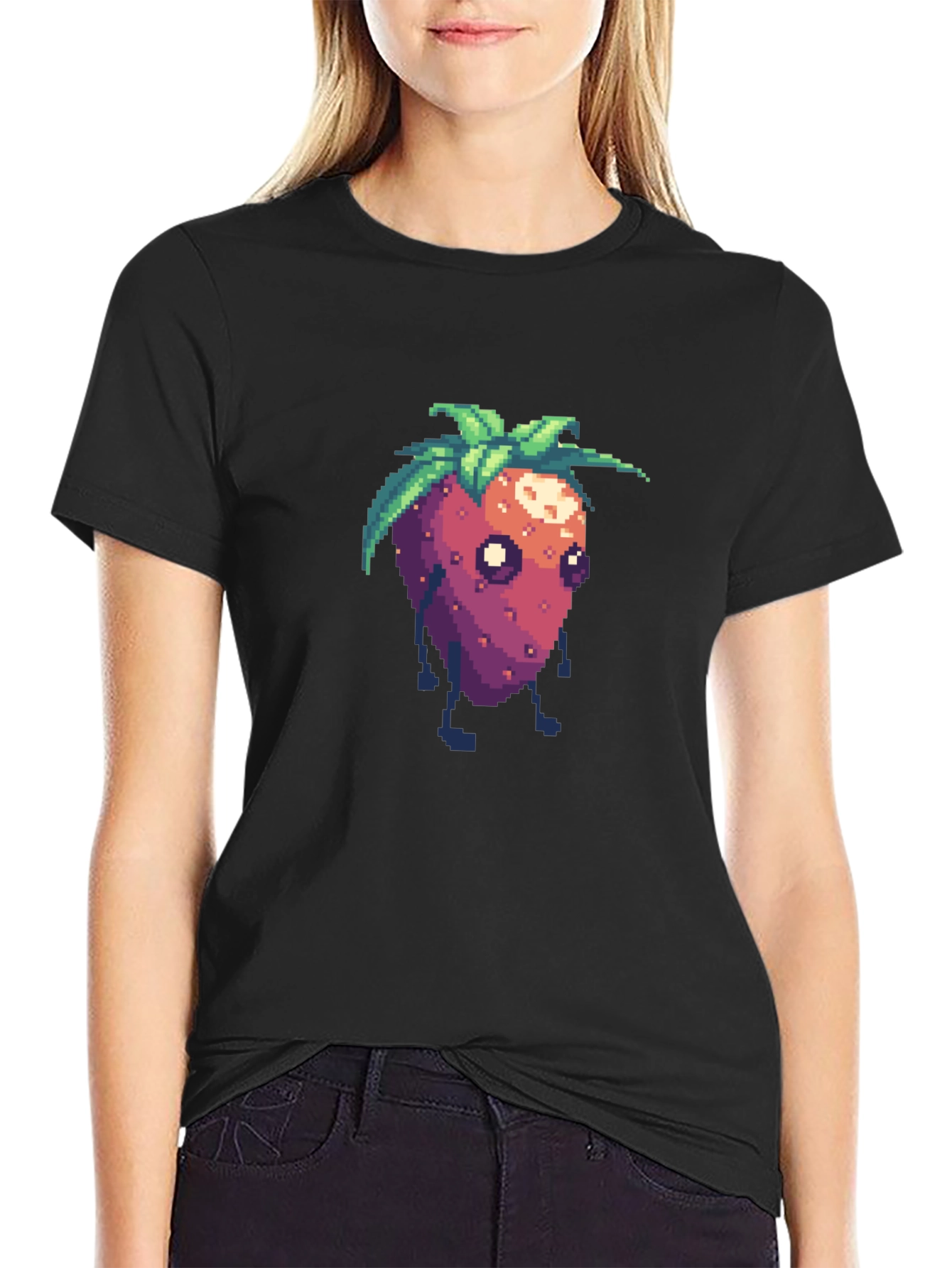 Pixel Strawberry Character Black T-Shirt