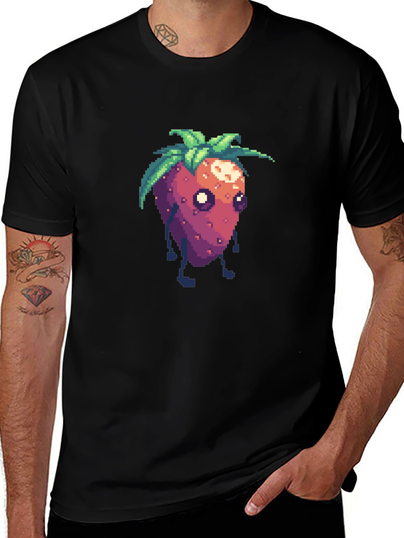 Pixel Strawberry Character Black T-Shirt