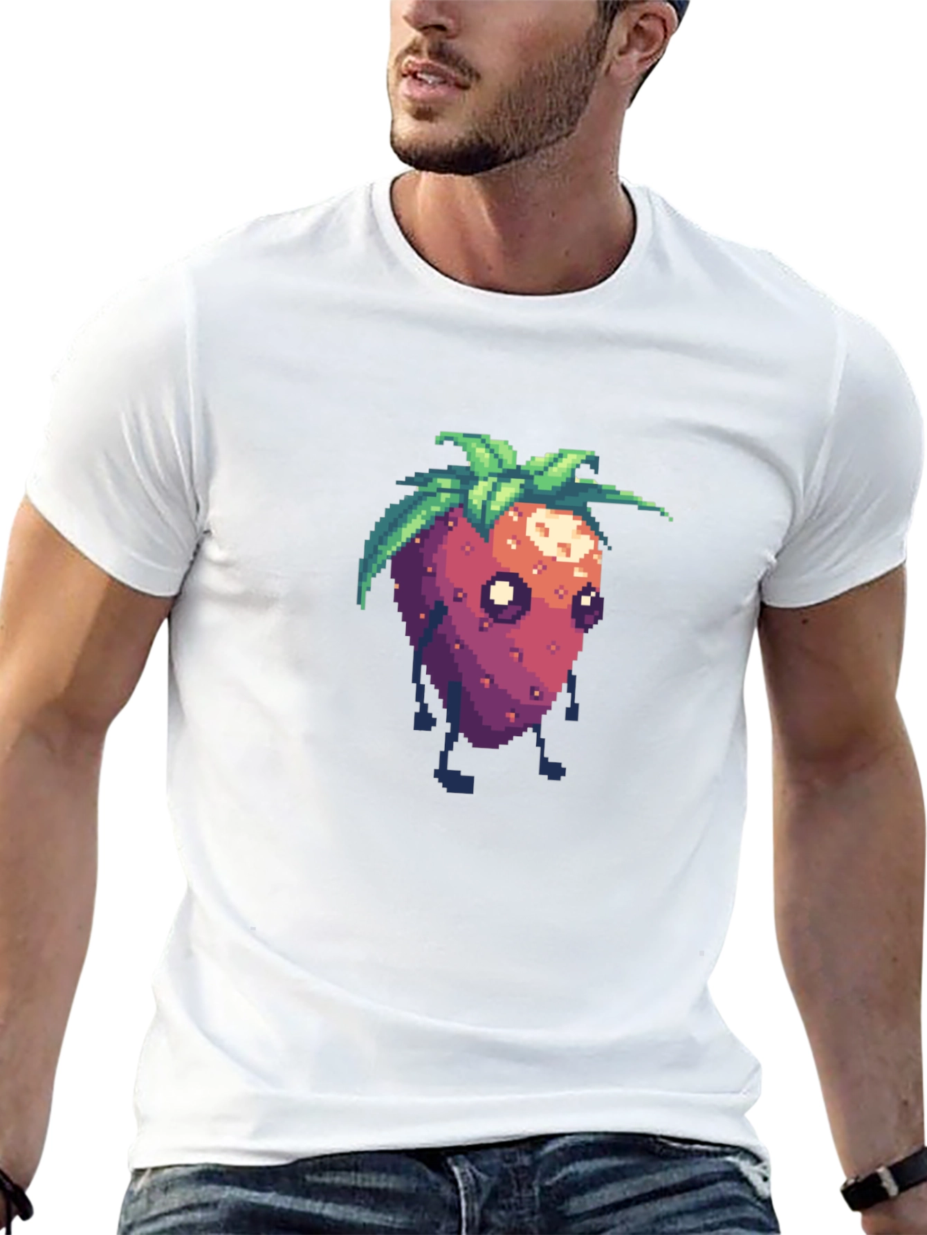 Pixel Strawberry Character Black T-Shirt