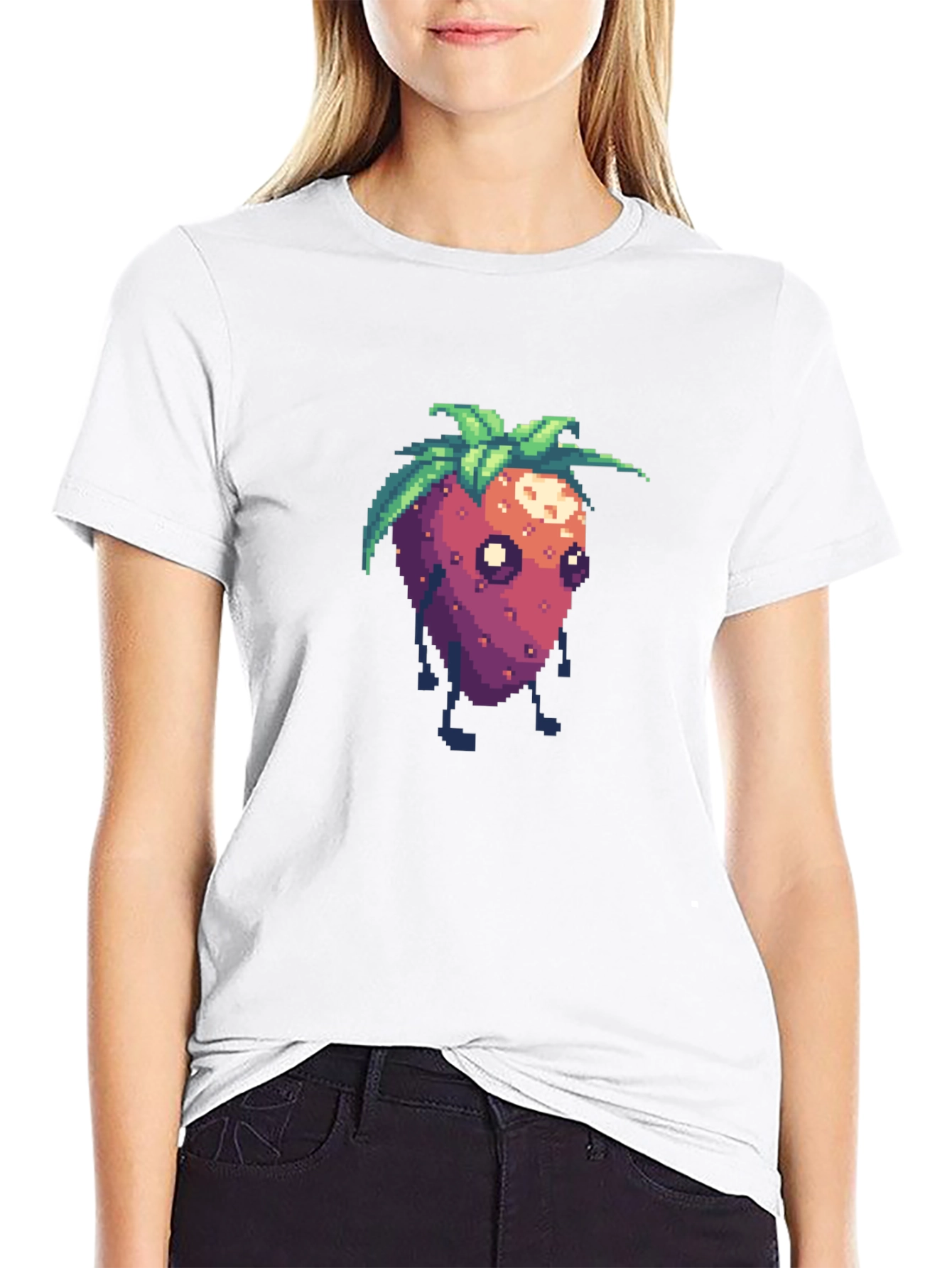 Pixel Strawberry Character Black T-Shirt