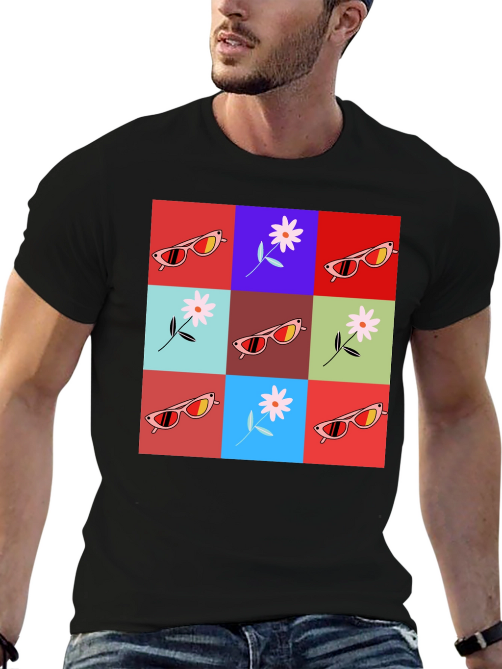 Retro Flower & Sunglasses Graphic T-Shirt - Black