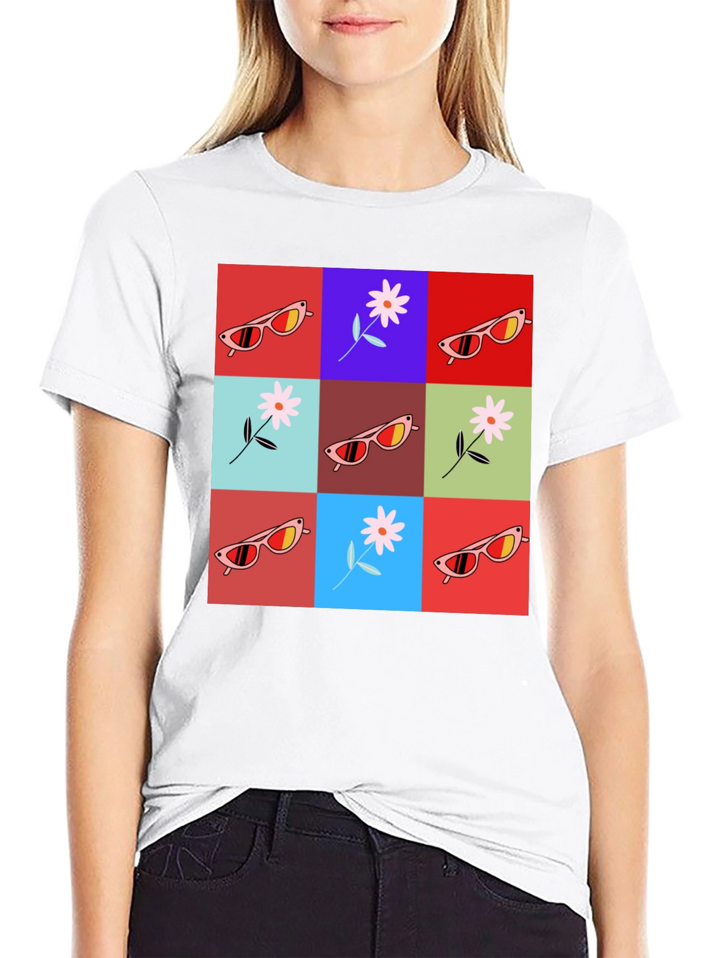 Retro Flower & Sunglasses Graphic T-Shirt - Black