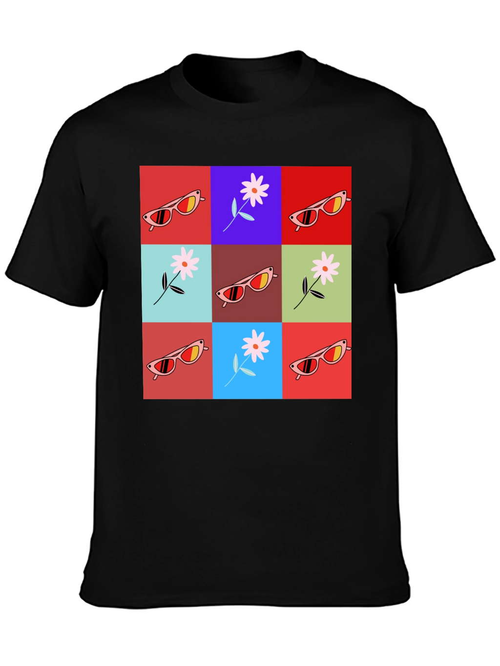 Retro Flower & Sunglasses Graphic T-Shirt - Black