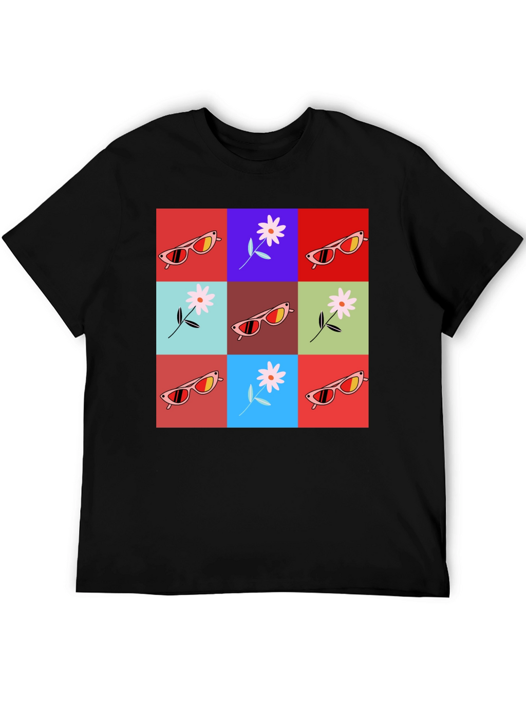 Retro Flower & Sunglasses Graphic T-Shirt - Black