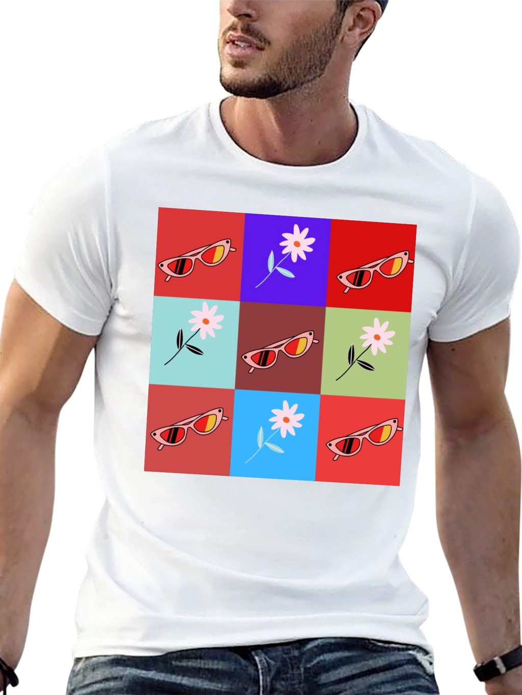 Retro Flower & Sunglasses Graphic T-Shirt - Black
