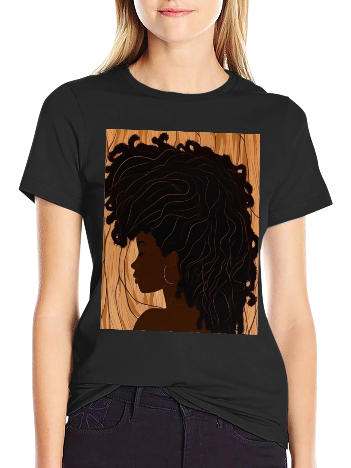 Afro Woman Graphic Print Black T-Shirt