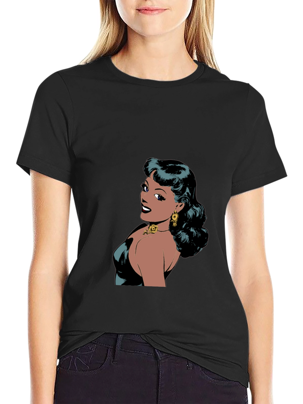 Retro Comic Woman Graphic T-Shirt - Black