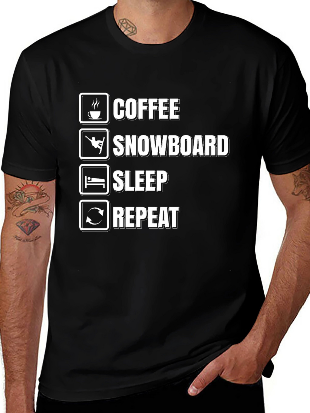 Coffee Snowboard Sleep Repeat Black Graphic T-Shirt