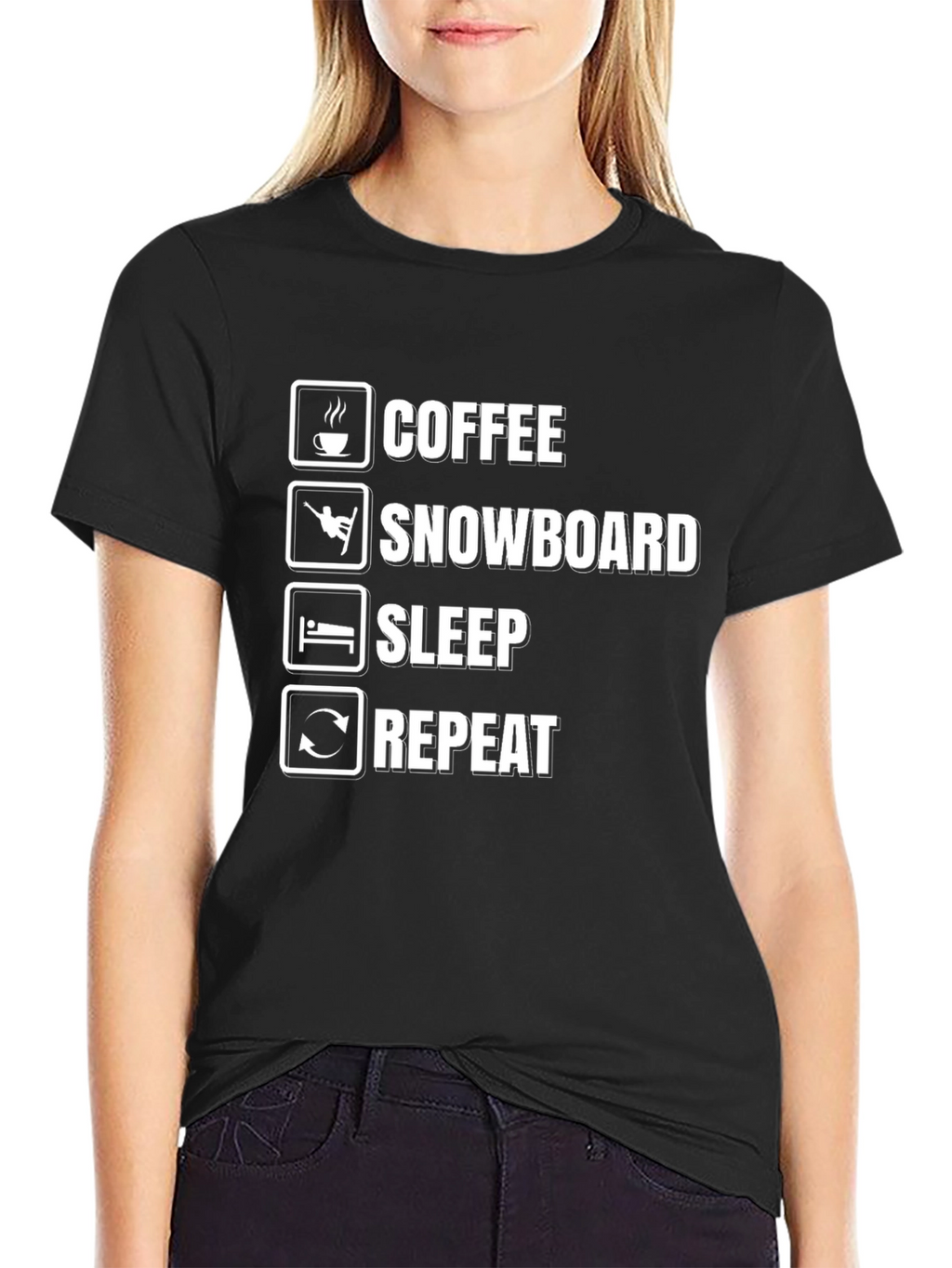 Coffee Snowboard Sleep Repeat Black Graphic T-Shirt