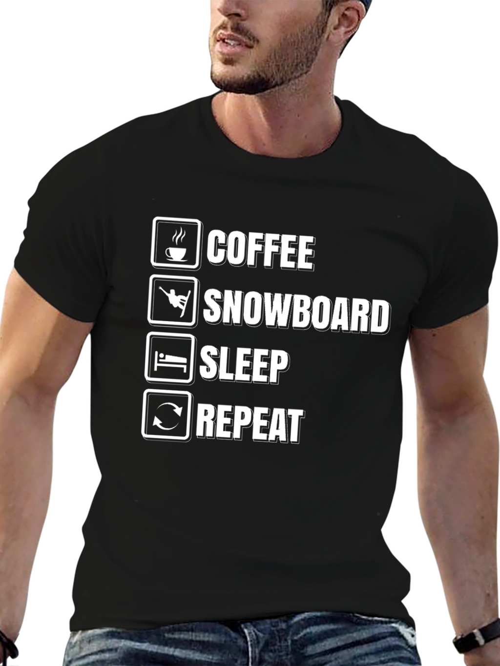 Coffee Snowboard Sleep Repeat Black Graphic T-Shirt