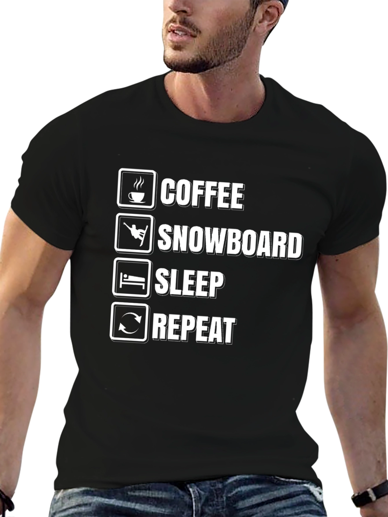 Coffee Snowboard Sleep Repeat Black Graphic T-Shirt