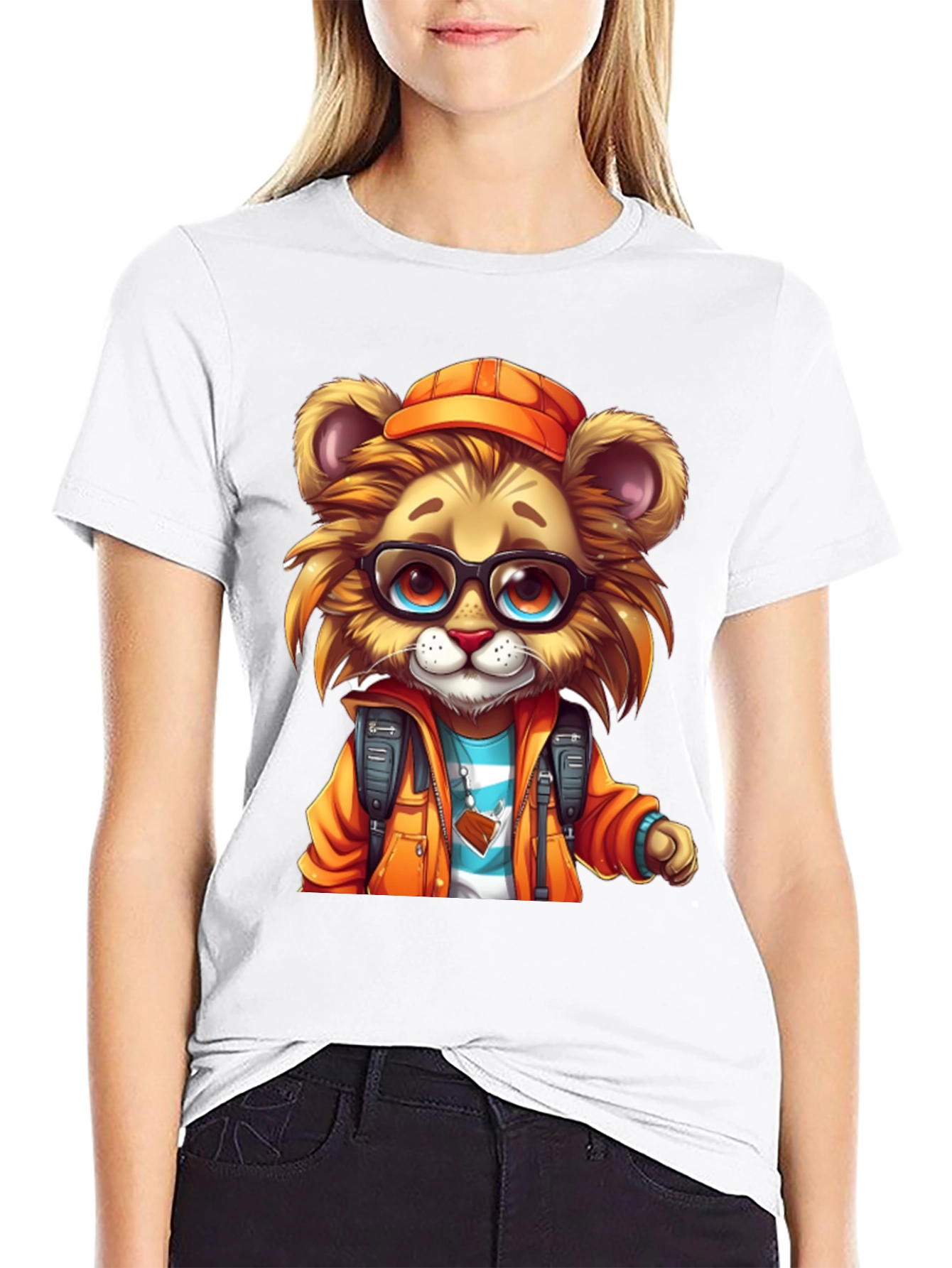 Cartoon Lion Graphic Tee - Black