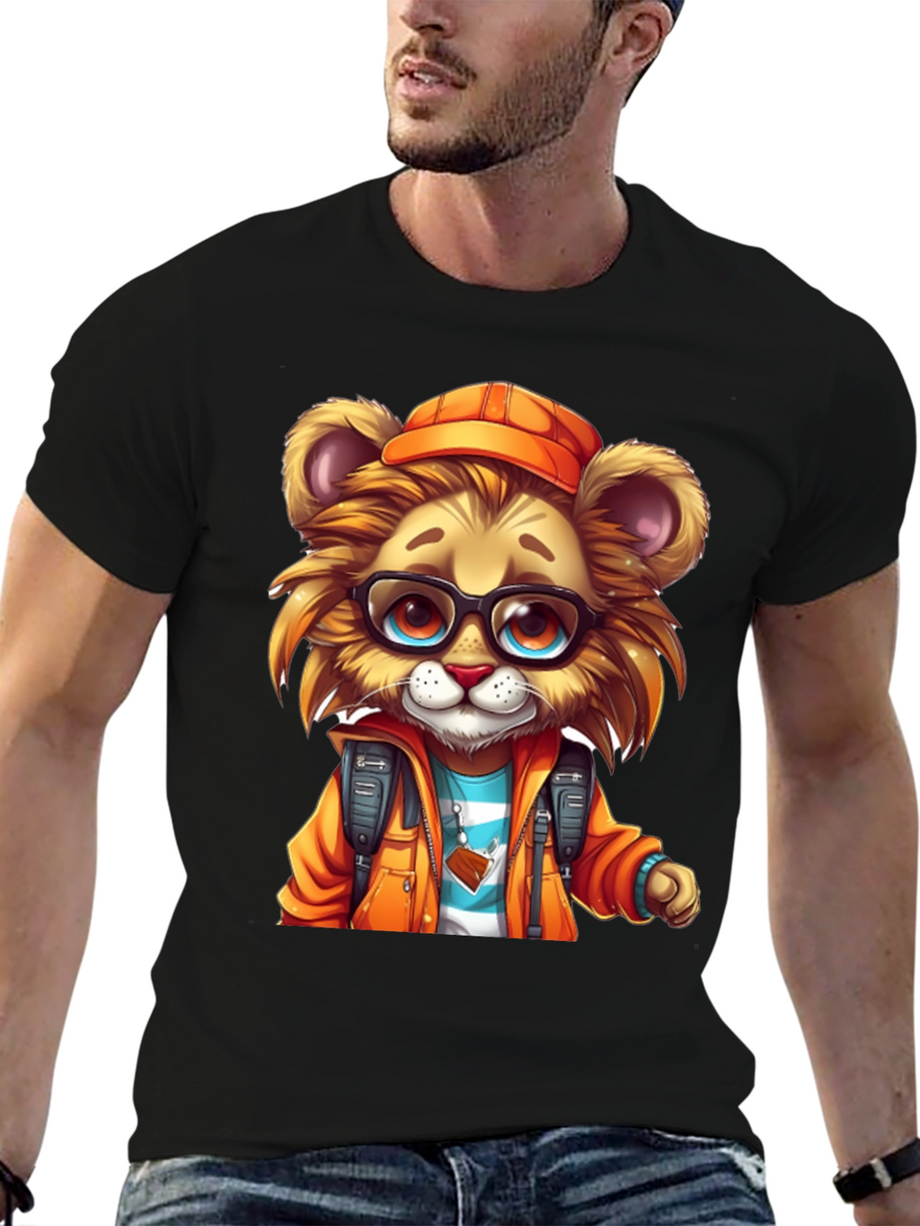 Cartoon Lion Graphic Tee - Black