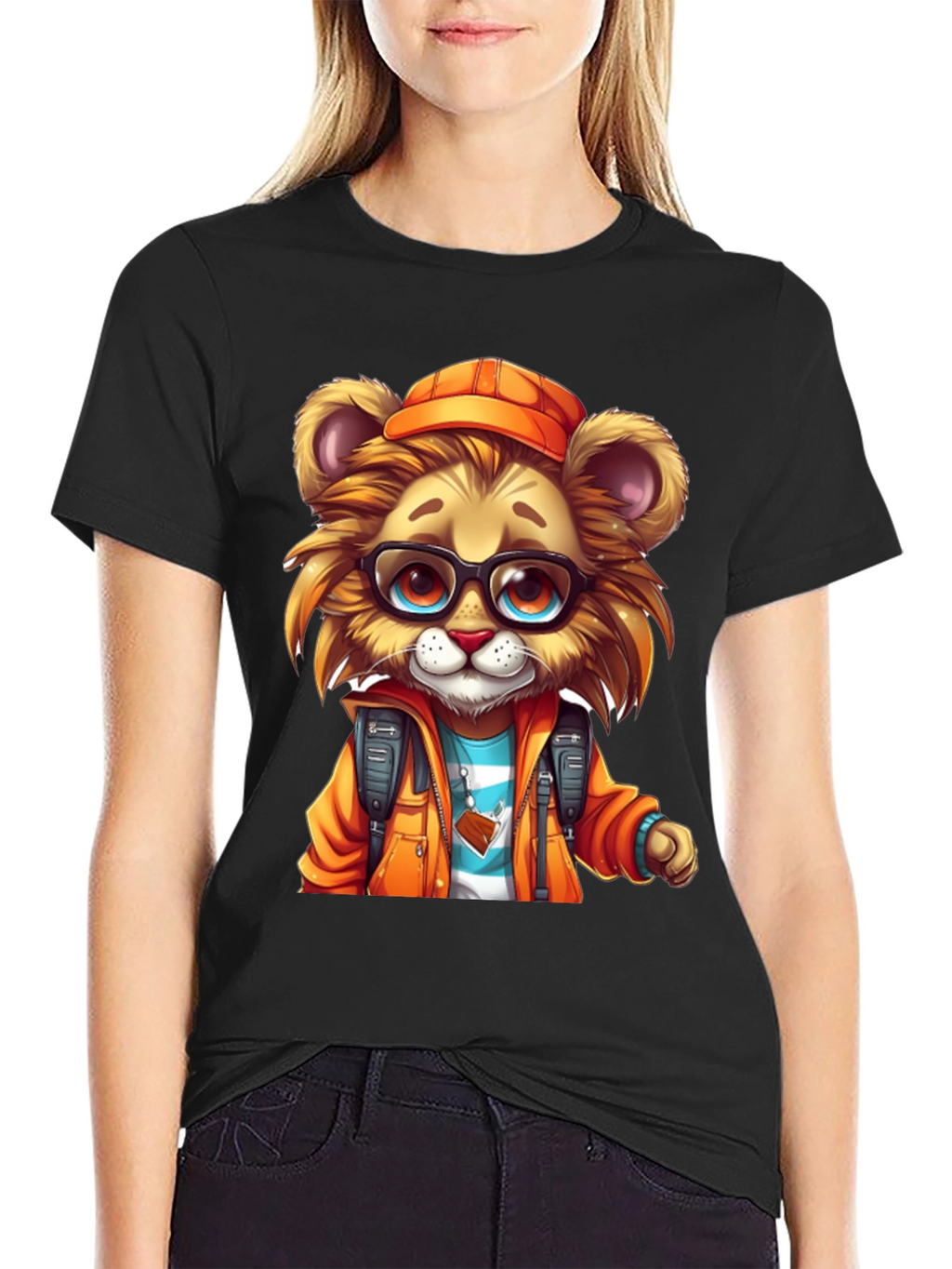 Cartoon Lion Graphic Tee - Black
