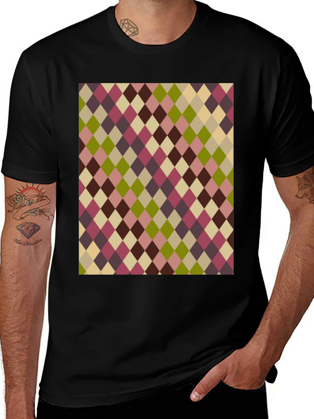 Retro Argyle Pattern Black T-Shirt