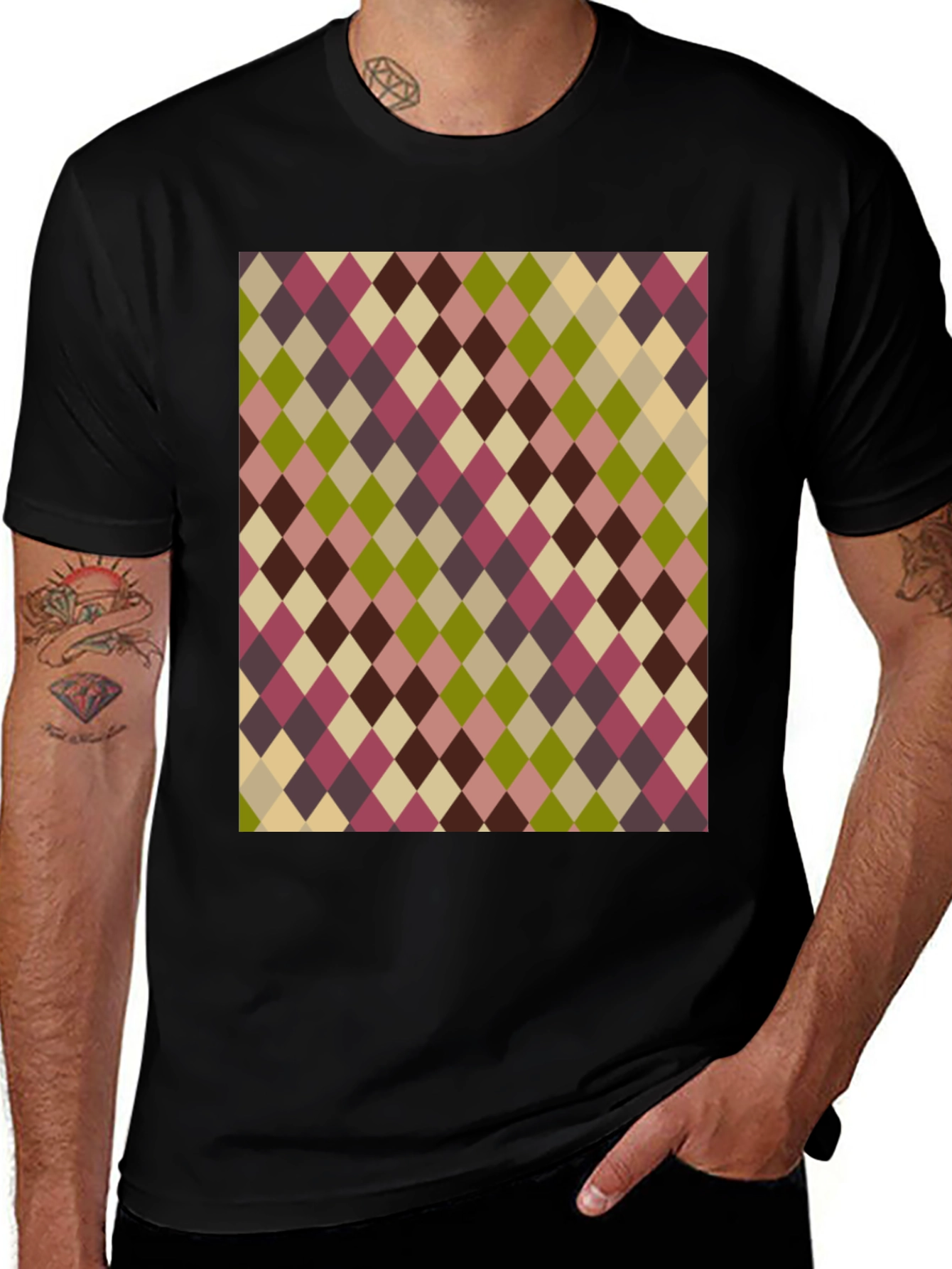 Retro Argyle Pattern Black T-Shirt