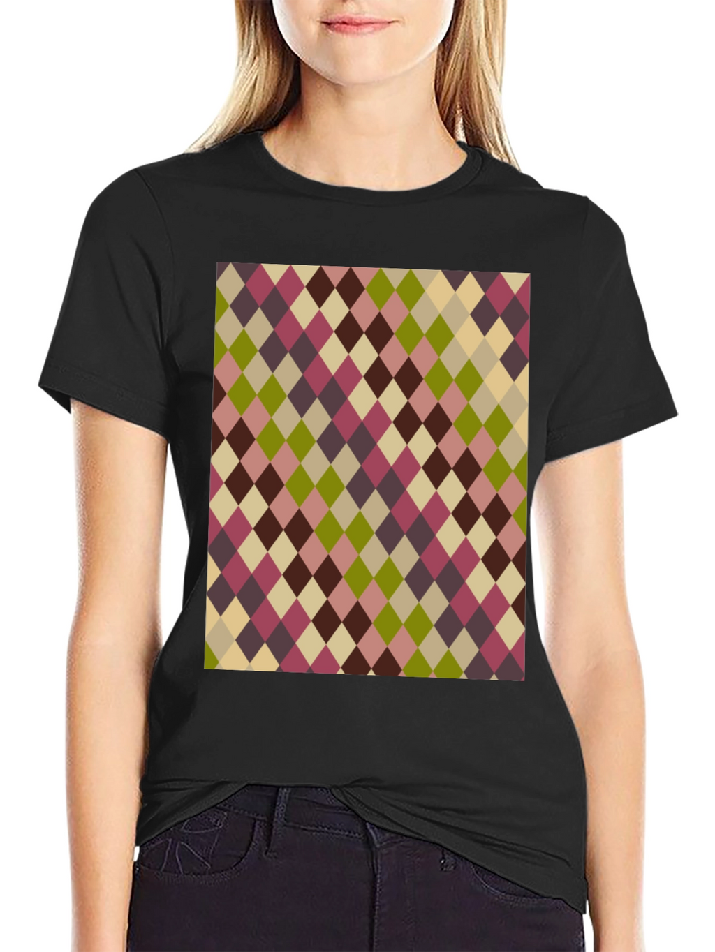 Retro Argyle Pattern Black T-Shirt