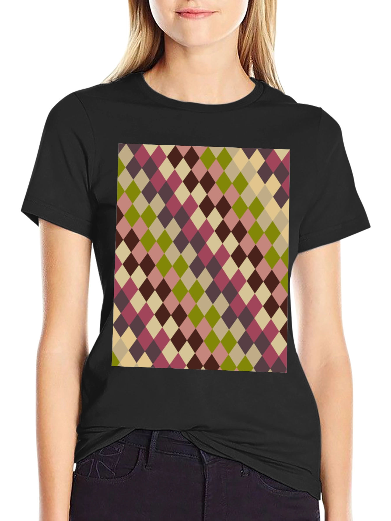Retro Argyle Pattern Black T-Shirt