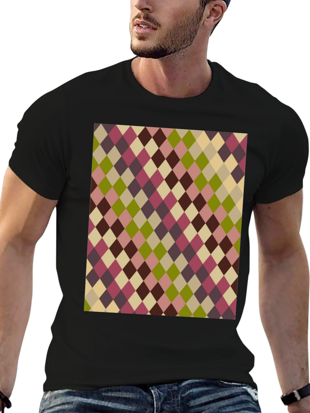 Retro Argyle Pattern Black T-Shirt
