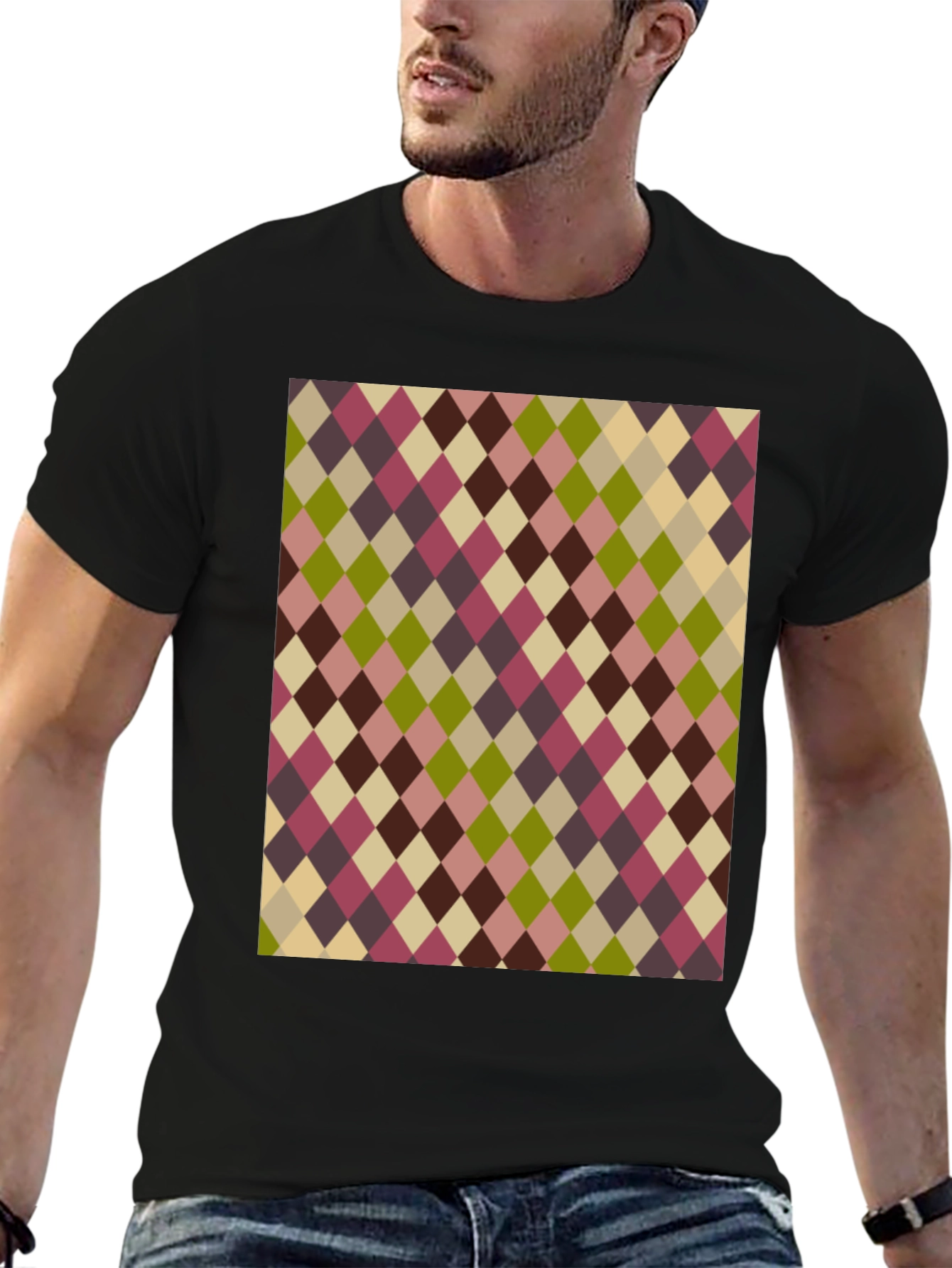 Retro Argyle Pattern Black T-Shirt