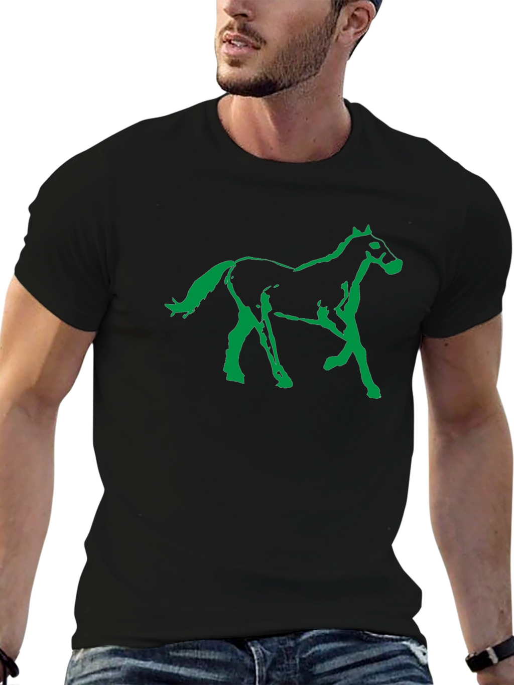 Black T-Shirt with Green Horse Graphic