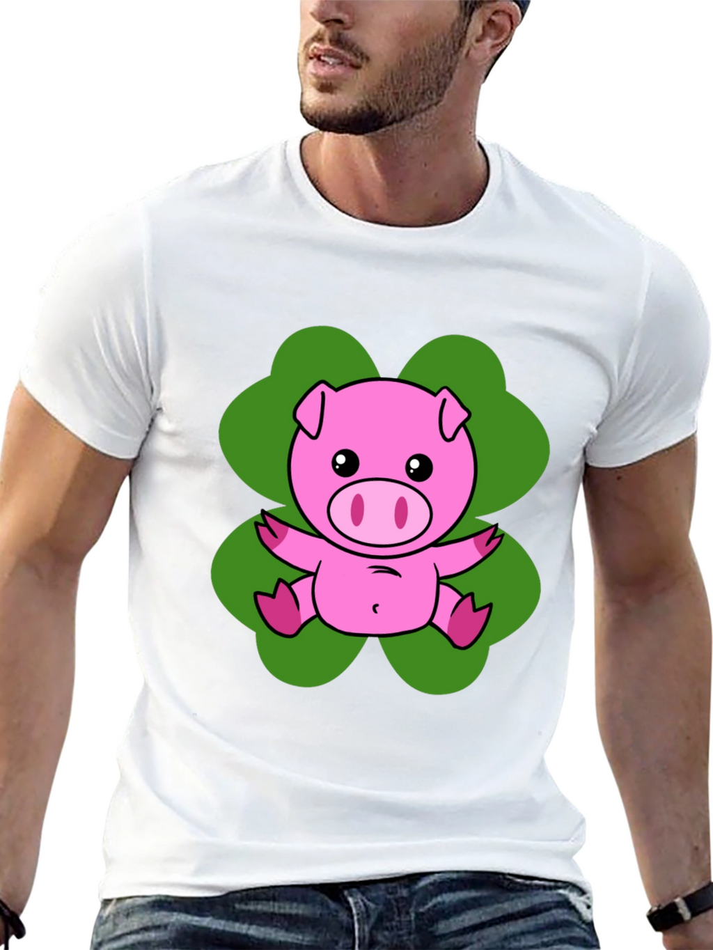 Lucky Pig T-Shirt - Cute Cartoon Pig on Clover