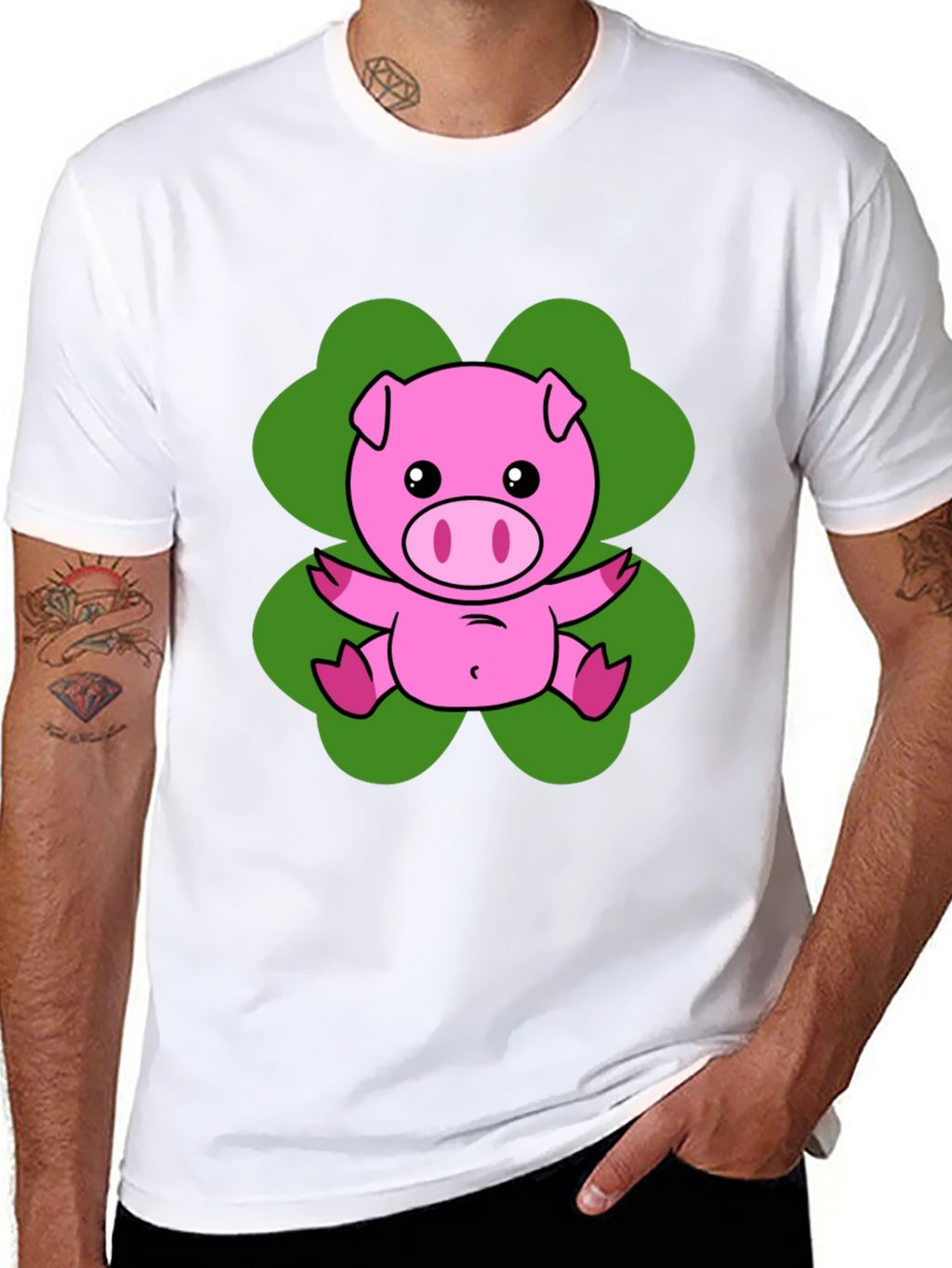 Lucky Pig T-Shirt - Cute Cartoon Pig on Clover